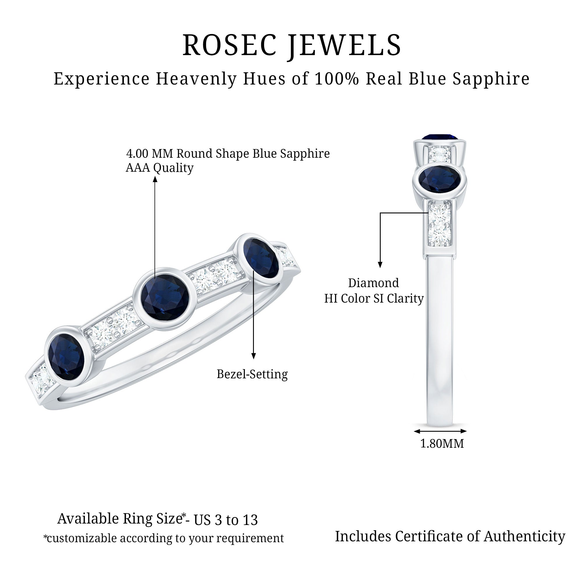 Rosec Jewels-Natural Blue Sapphire Half Eternity Ring with Diamond for Women
