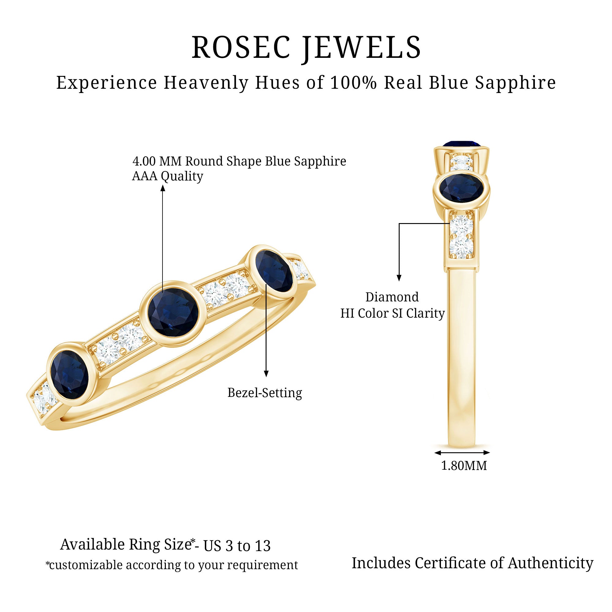 Rosec Jewels-Natural Blue Sapphire Half Eternity Ring with Diamond for Women