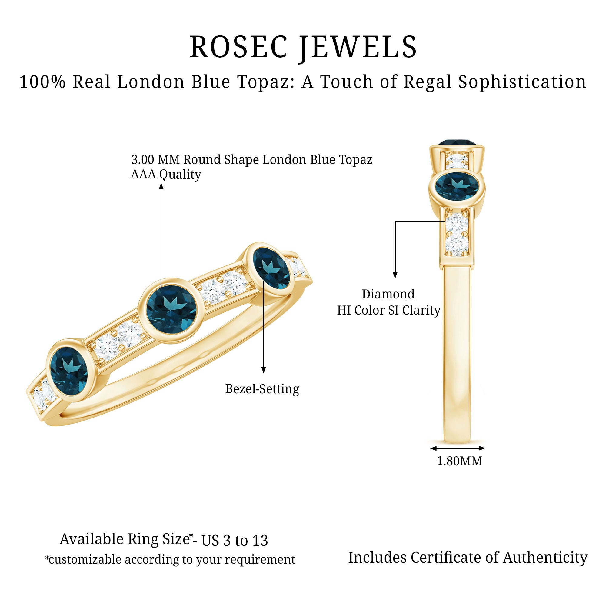 Rosec Jewels-Bezel Set London Blue Topaz Half Eternity Band with Diamond