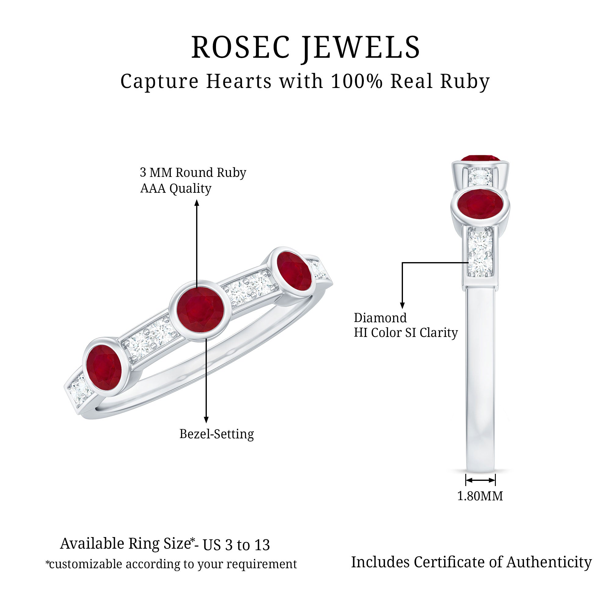 Rosec Jewels-Natural Bezel Set Ruby Half Eternity Ring with Diamond