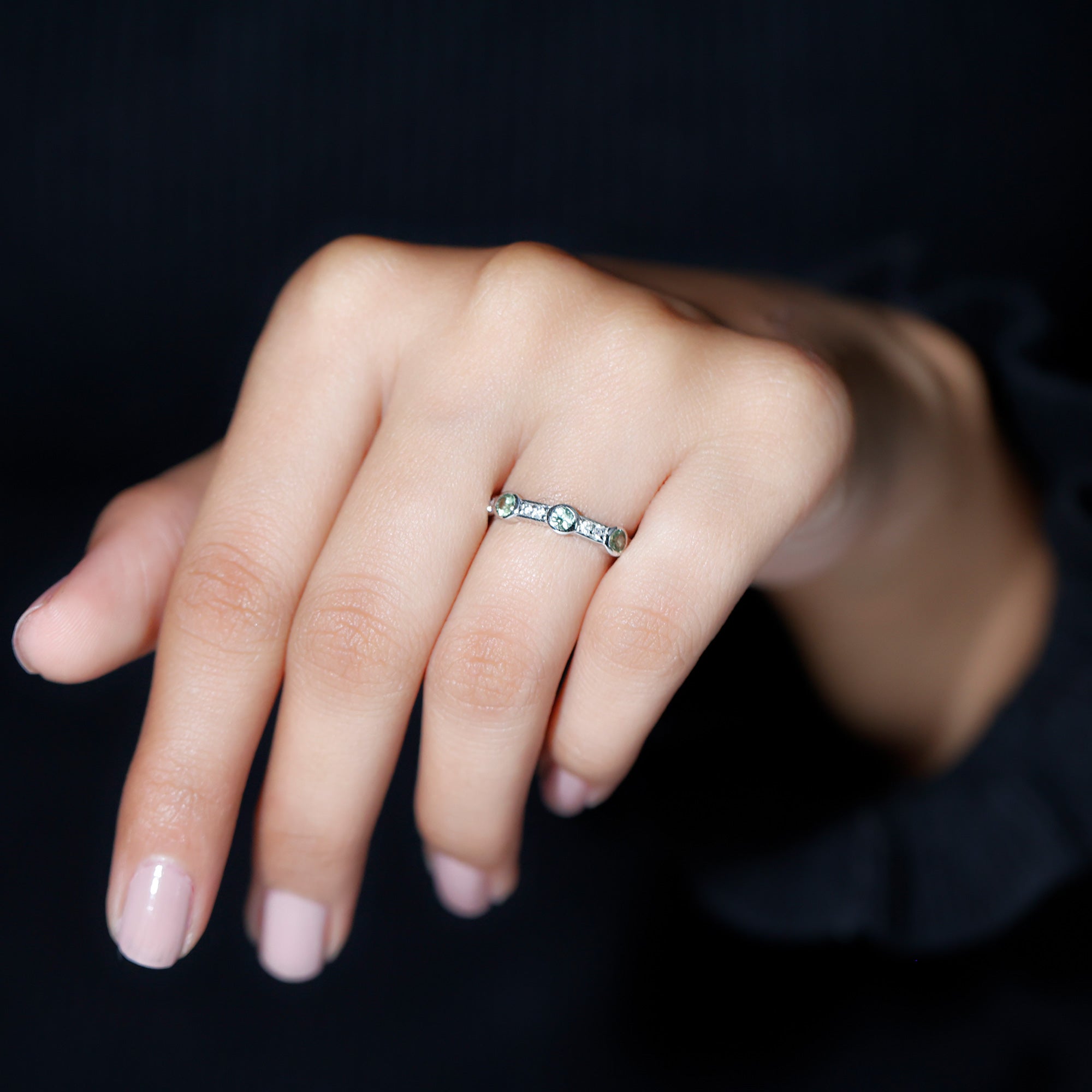 Green Sapphire and Diamond Minimal Half Eternity Ring Green Sapphire - ( AAA ) - Quality - Rosec Jewels