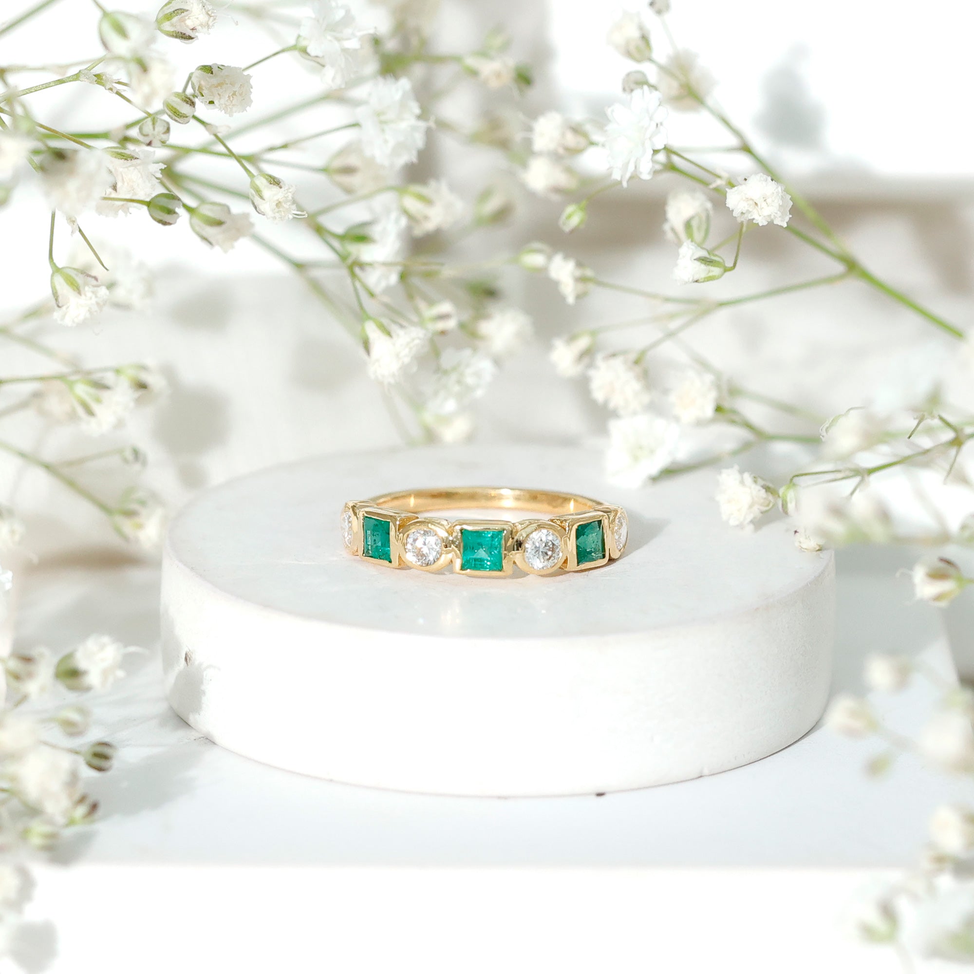 Real Emerald and Diamond Half Eternity Wedding Band in Bezel Set AAA - Rosec Jewels