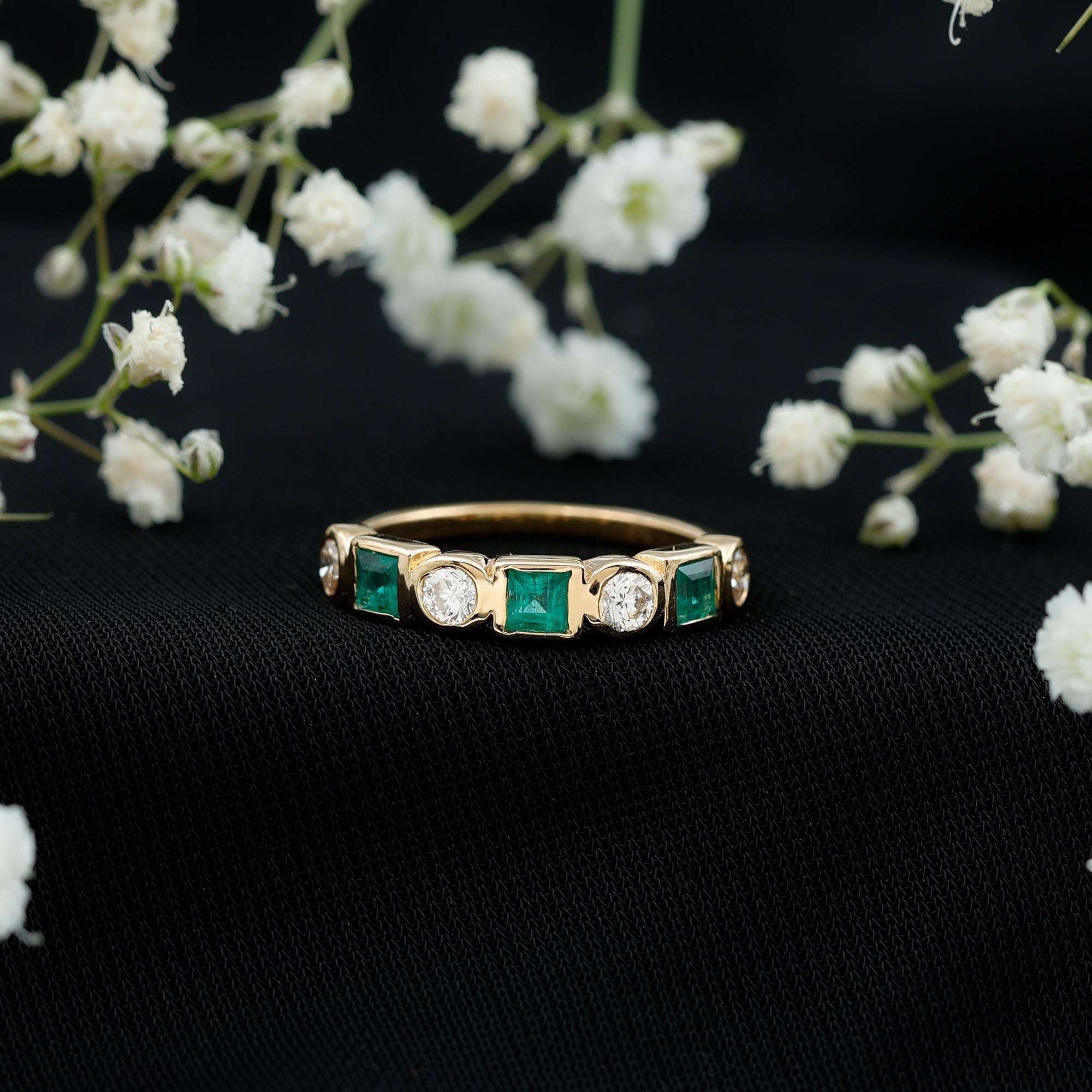 Real Emerald and Diamond Half Eternity Wedding Band in Bezel Set AAA - Rosec Jewels