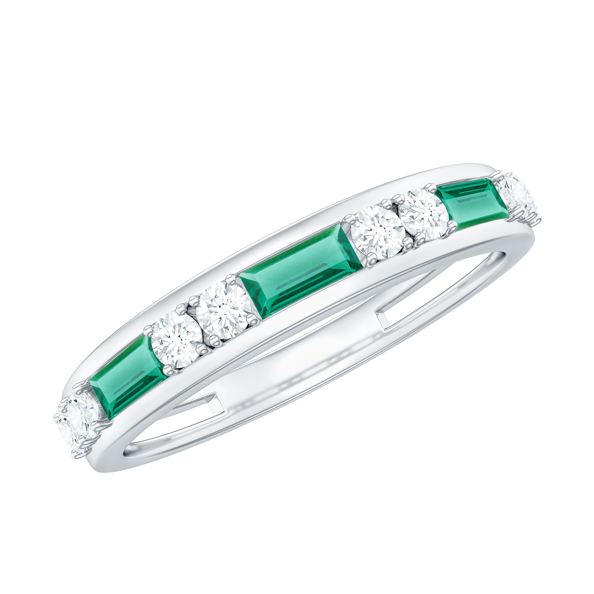 Minimal Baguette Lab Grown Emerald Half Eternity Ring with Diamond
