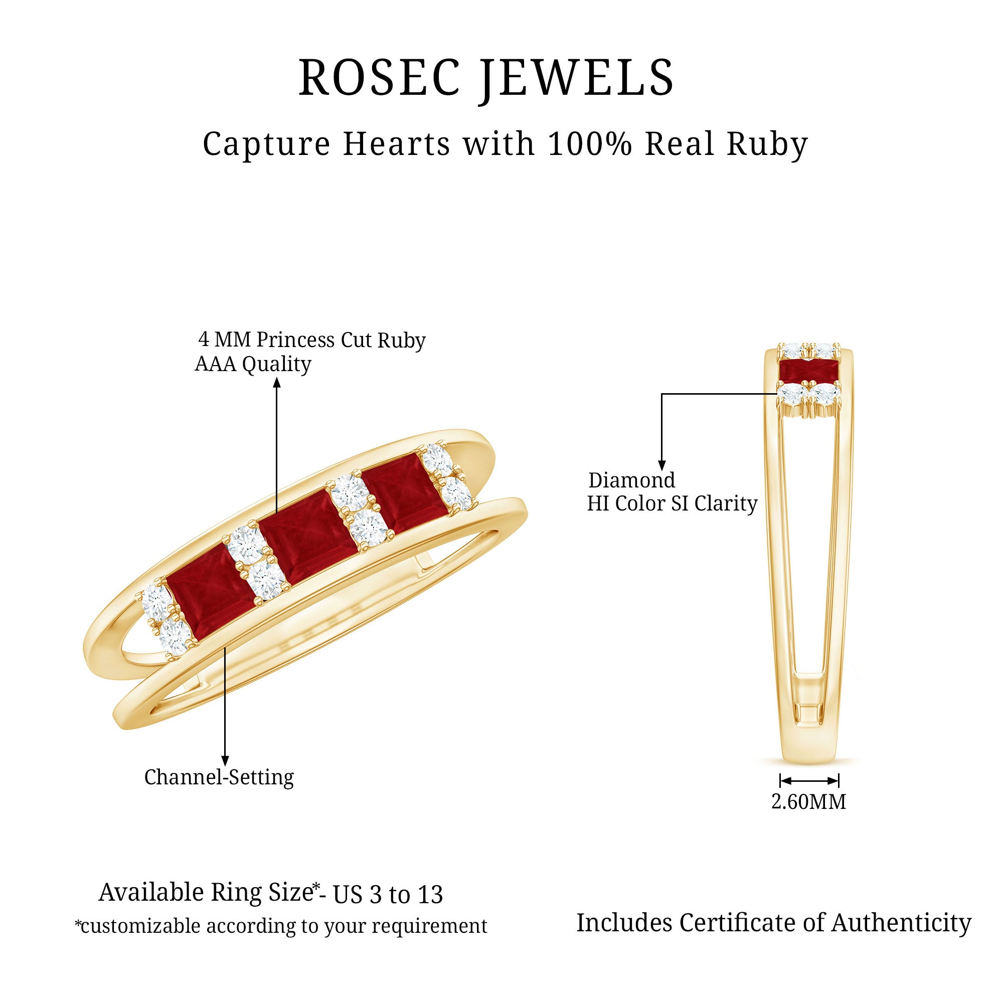 Rosec Jewels-Natural Princess cut Ruby Double Band Ring with Diamond