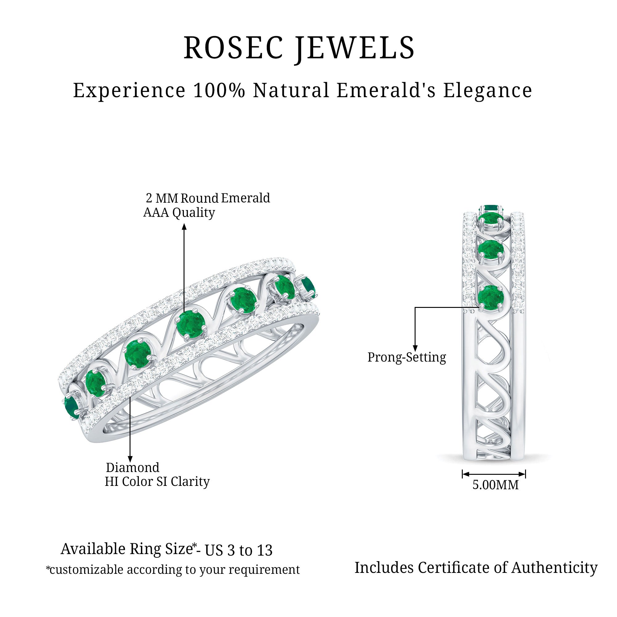 Rosec Jewels-Designer Emerald Diamond Wedding Band Ring with Certificate
