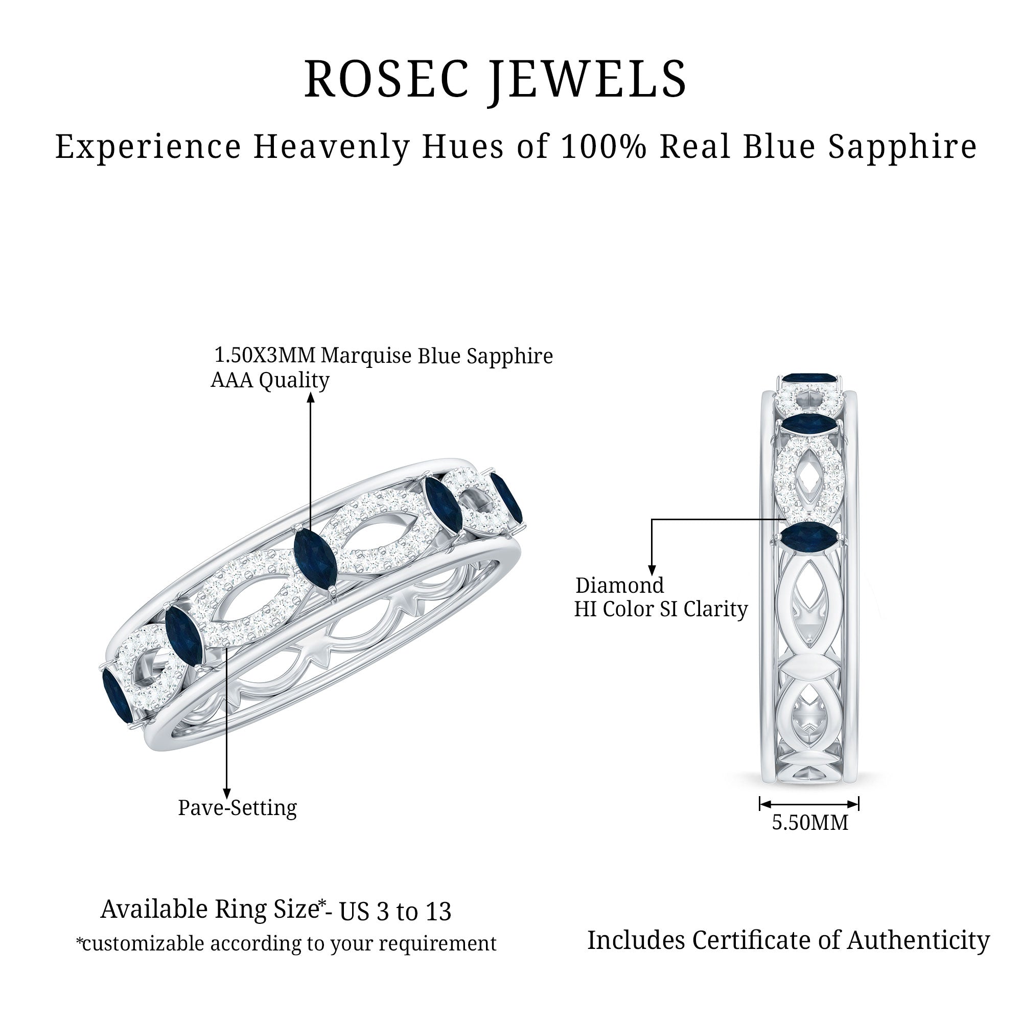Rosec Jewels-Natural Blue Sapphire Infinity Wedding Band with Diamond