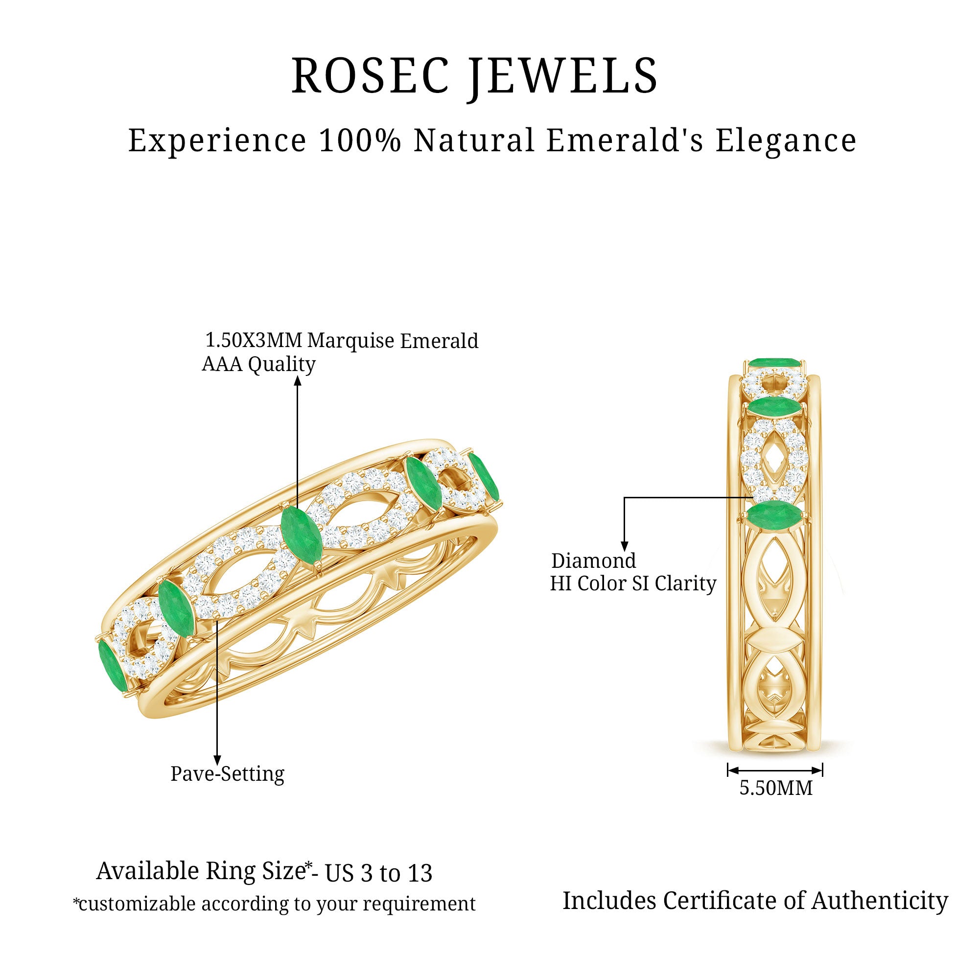 Genuine Emerald Diamond Eternity Wedding Band with Infinity Shank AAA - Rosec Jewels