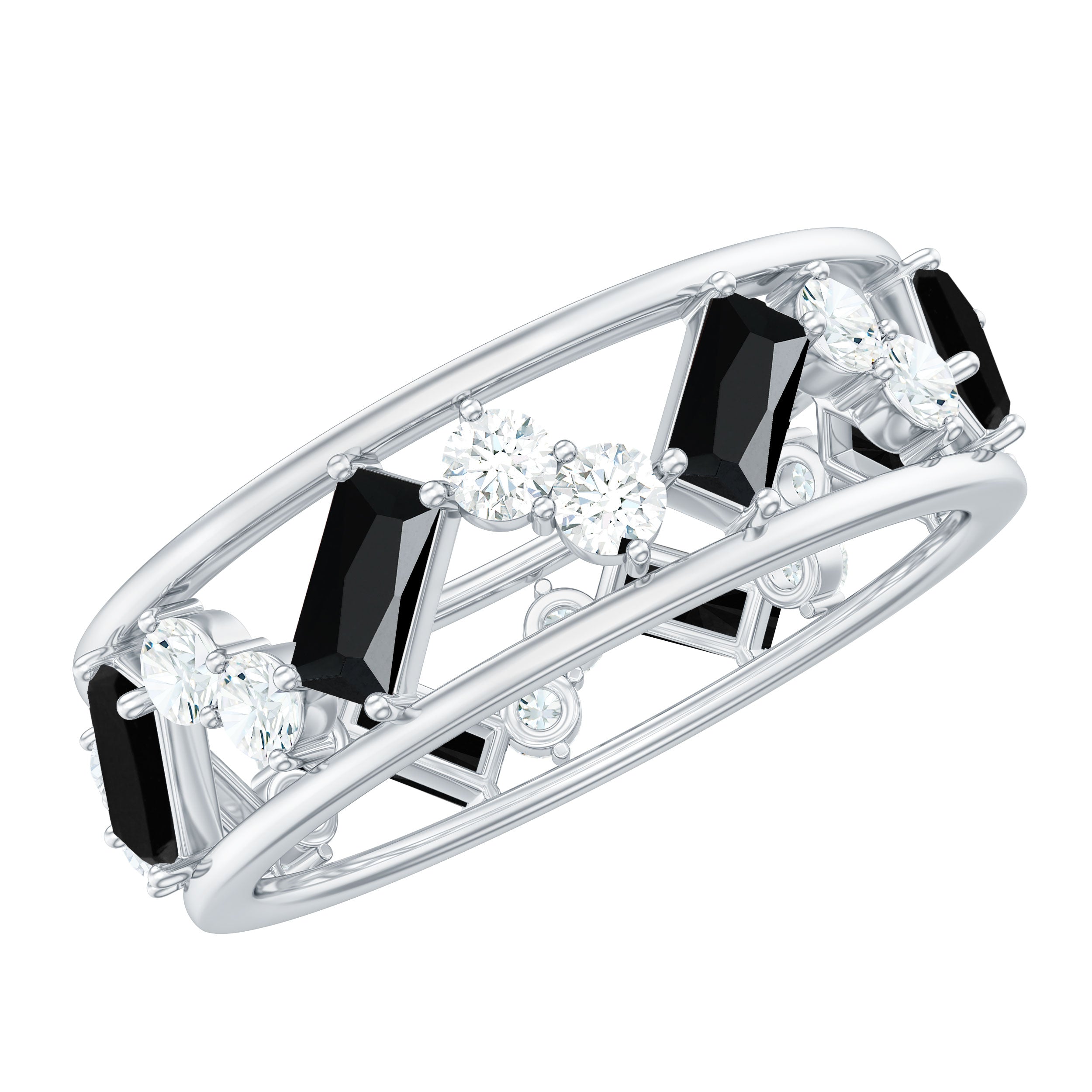 Black Onyx and Diamond Zig Zag Wide Wedding Band AAA - Rosec Jewels