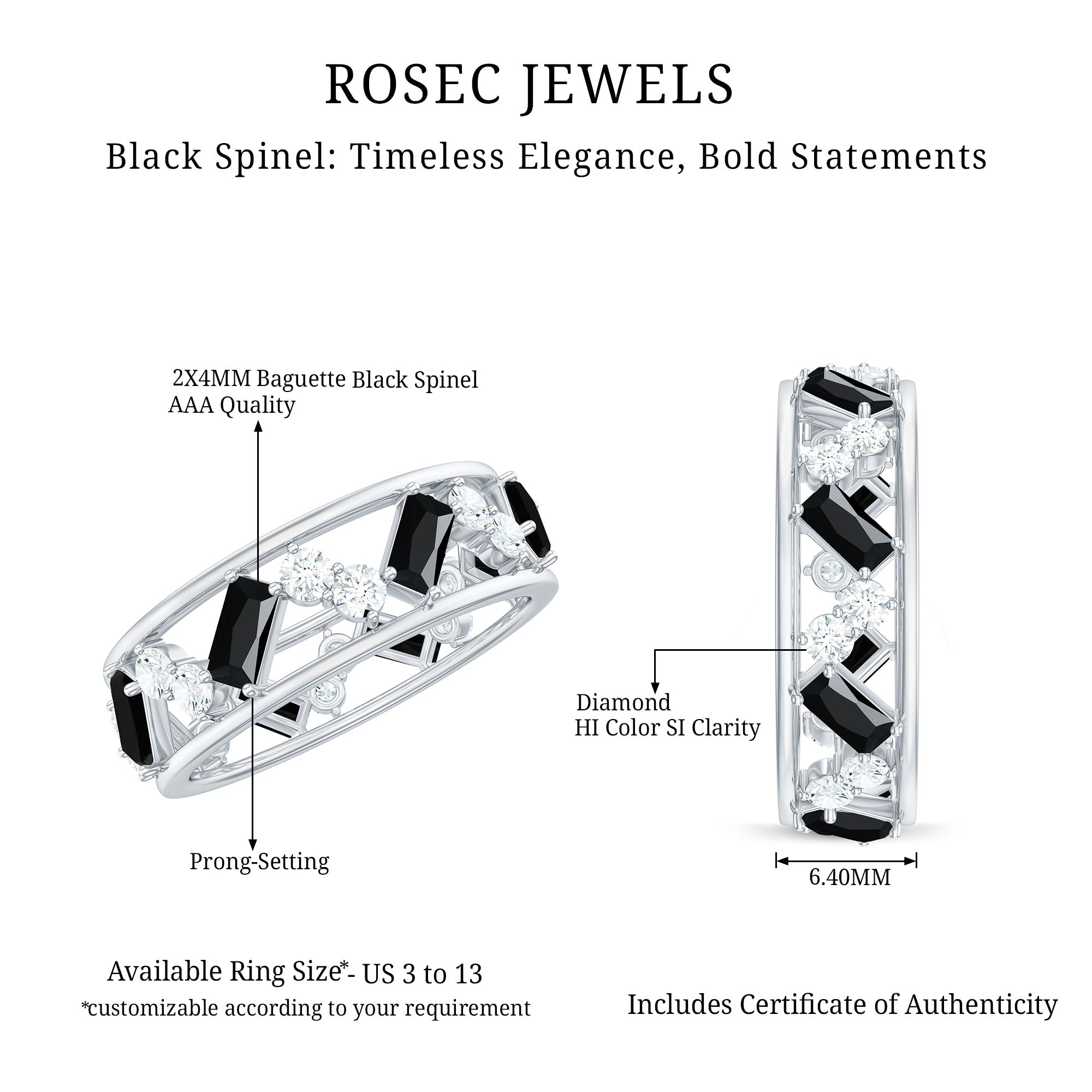 Rosec Jewels-Natural Black Spinel Diamond Eternity Band Ring for Anniversary