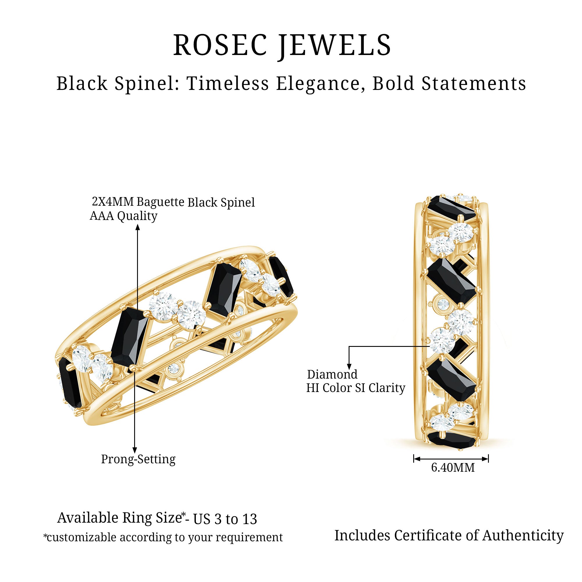 Rosec Jewels-Natural Black Spinel Diamond Eternity Band Ring for Anniversary