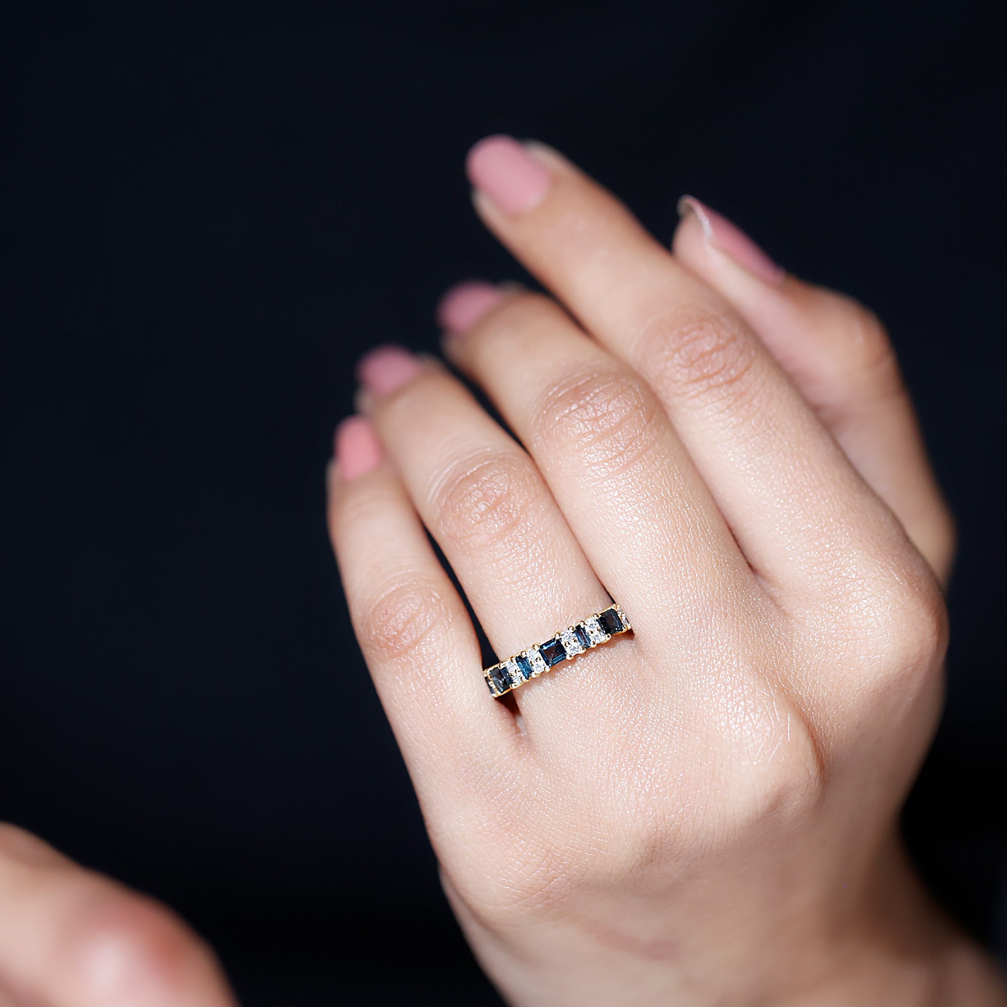 Baguette and Princess Cut London Blue Topaz Half Eternity Ring with Moissanite AAA - Rosec Jewels