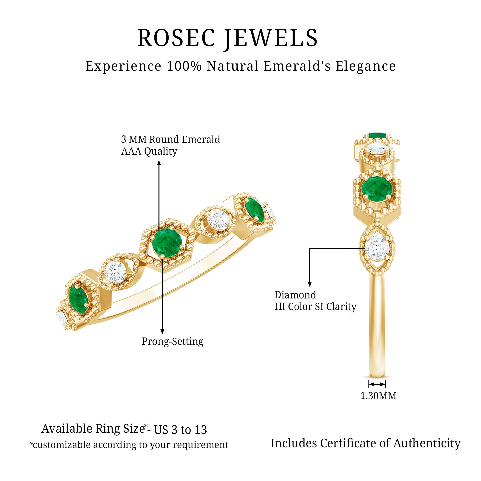 Certified Natural Emerald Art Deco Half Eternity Ring with Diamond AAA - Rosec Jewels