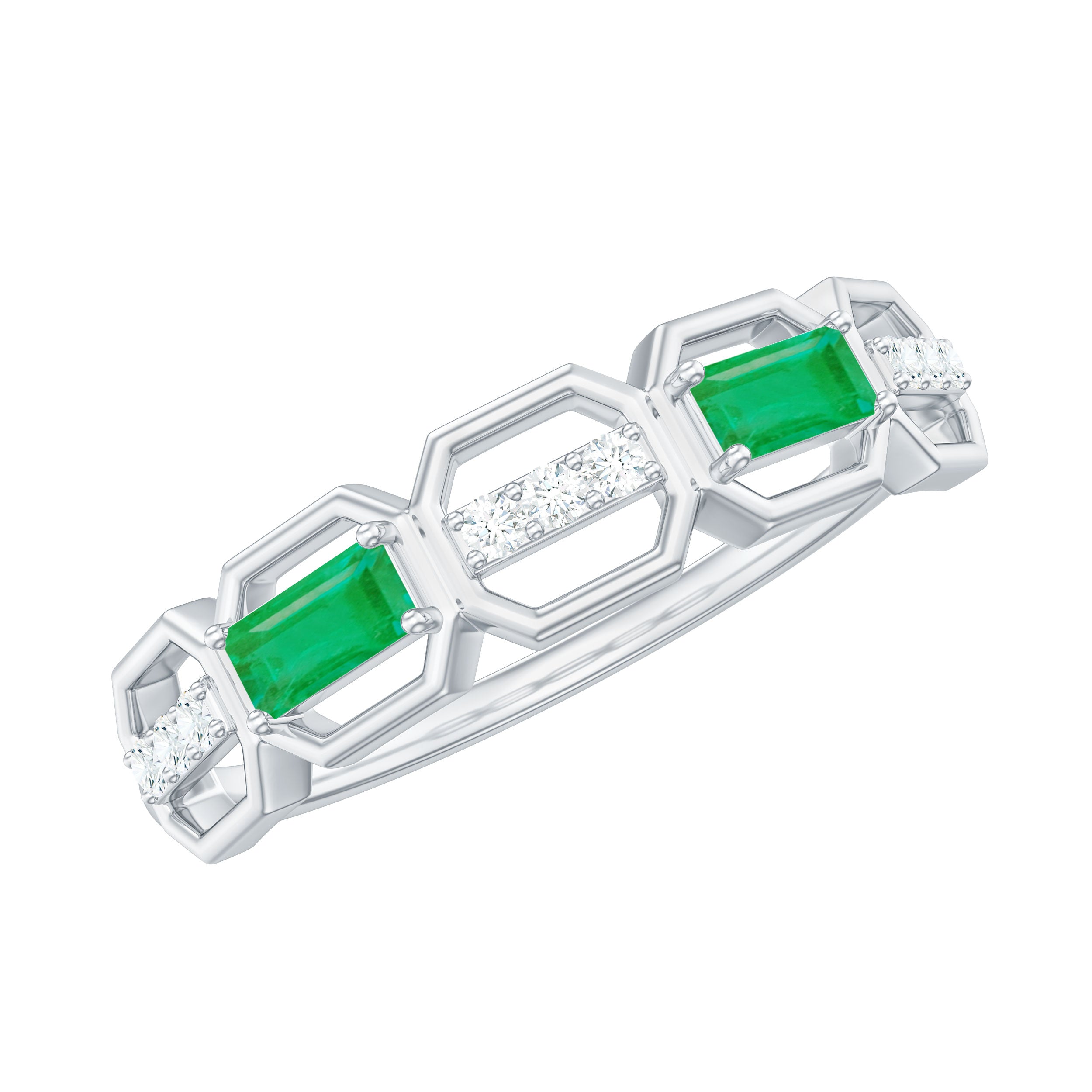 Rosec Jewels-Natural Baguette Emerald Diamond Anniversary Band Ring in East West Style