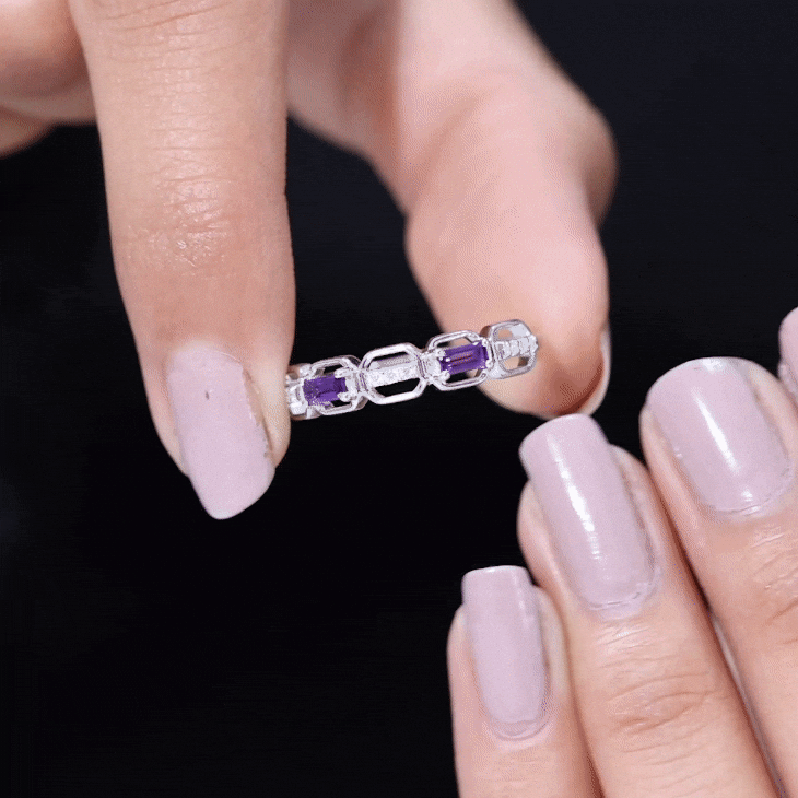 Amethyst and Diamond Geometric Half Eternity Ring Amethyst - ( AAA ) - Quality - Rosec Jewels