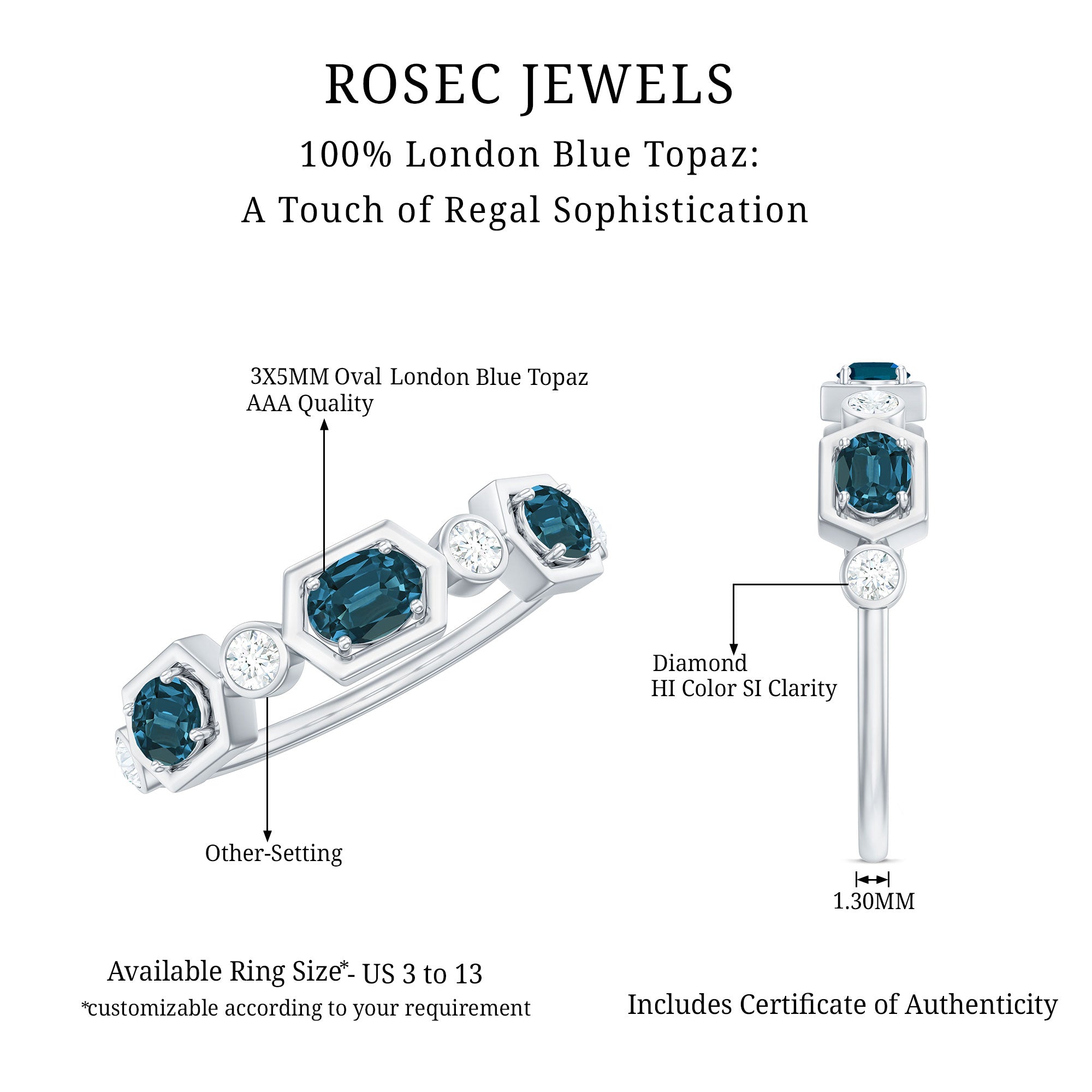 Rosec Jewels-Real Certified London Blue Topaz Halft Eternity Band Ring with Diamond