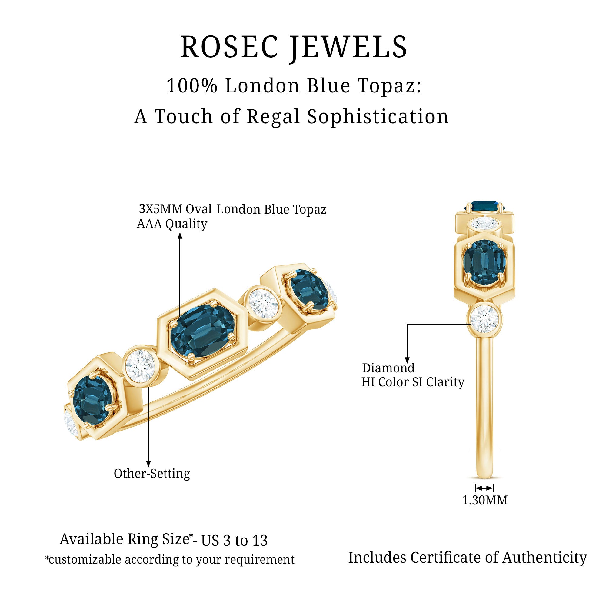 Rosec Jewels-Real Certified London Blue Topaz Halft Eternity Band Ring with Diamond
