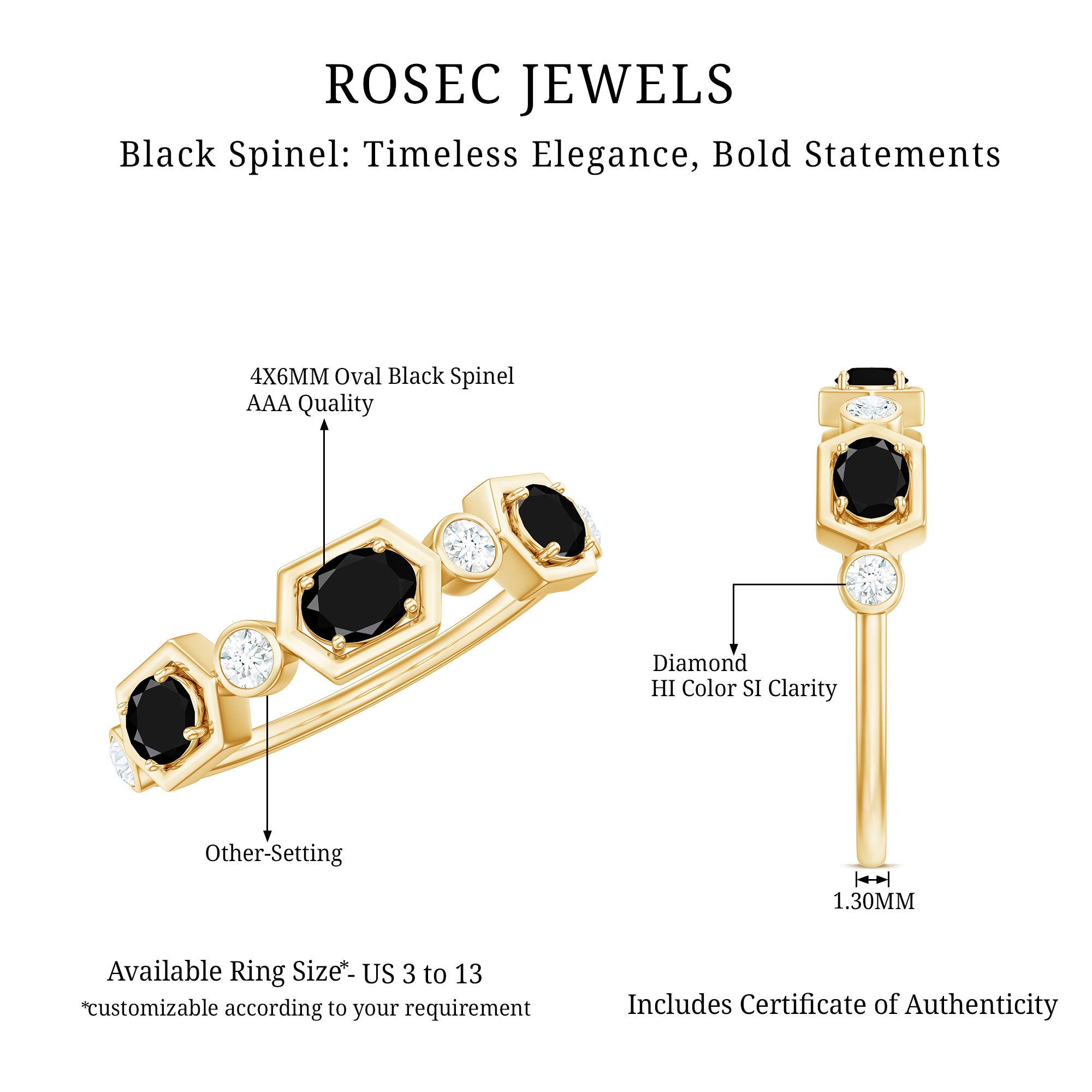 Real Black Spinel Diamond Half Eternity Ring in East West Style AAA - Rosec Jewels