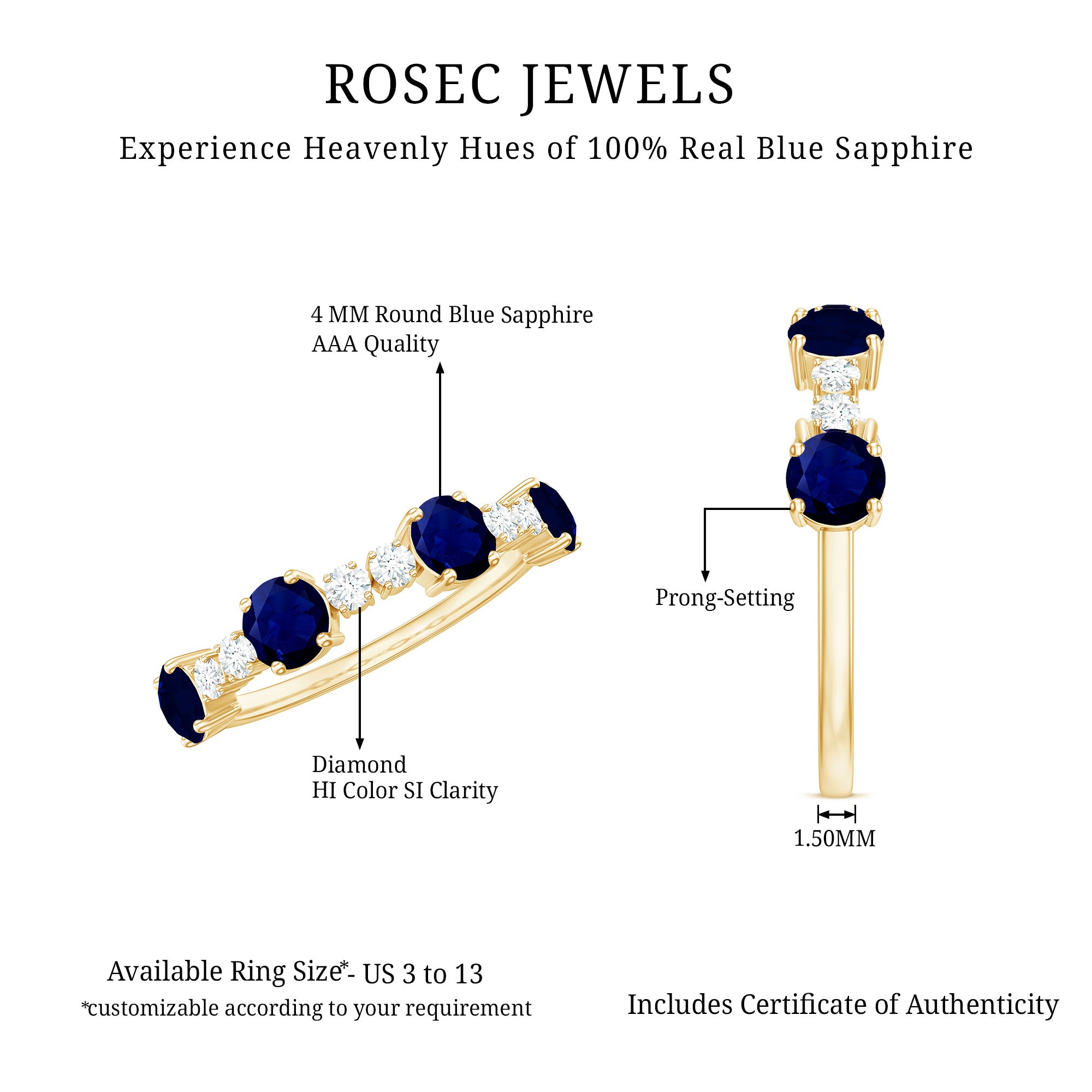 Rosec Jewels-Genuine Blue Sapphire Half Eternity Ring with Diamond
