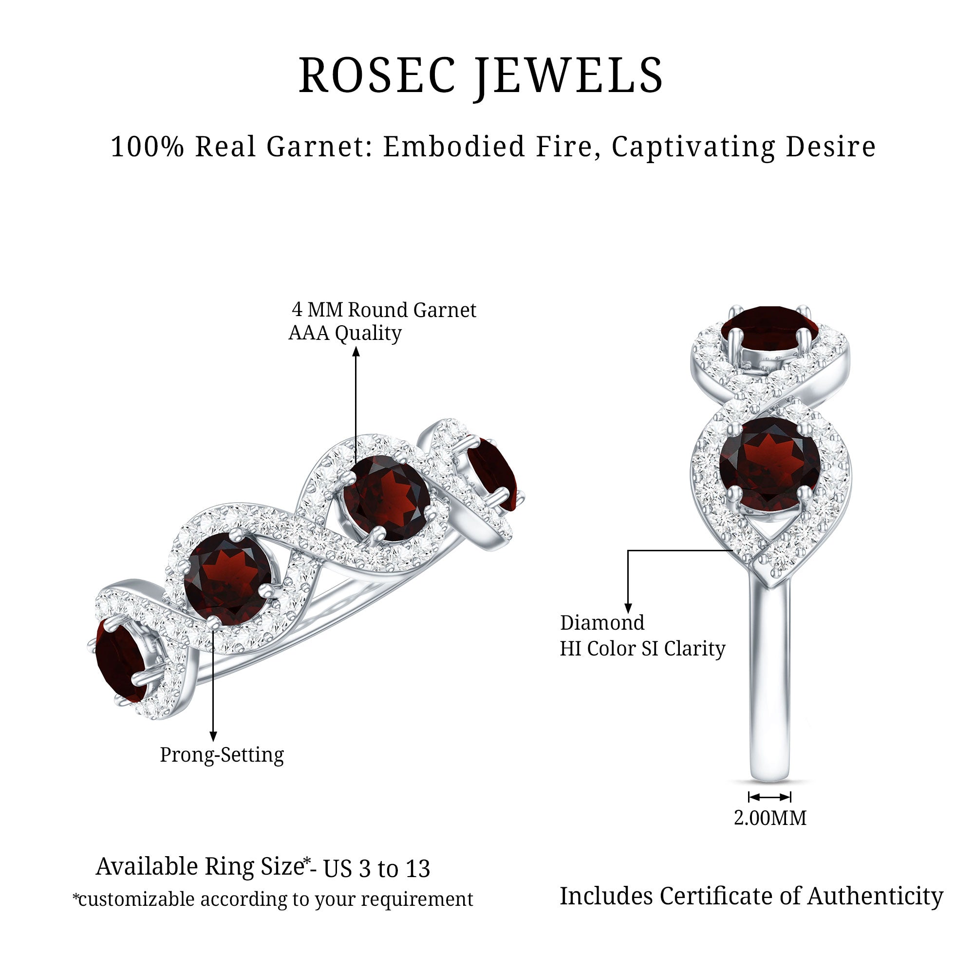 Natural Garnet Diamond Infinity Eternity Ring with Braided Shank AAA - Rosec Jewels