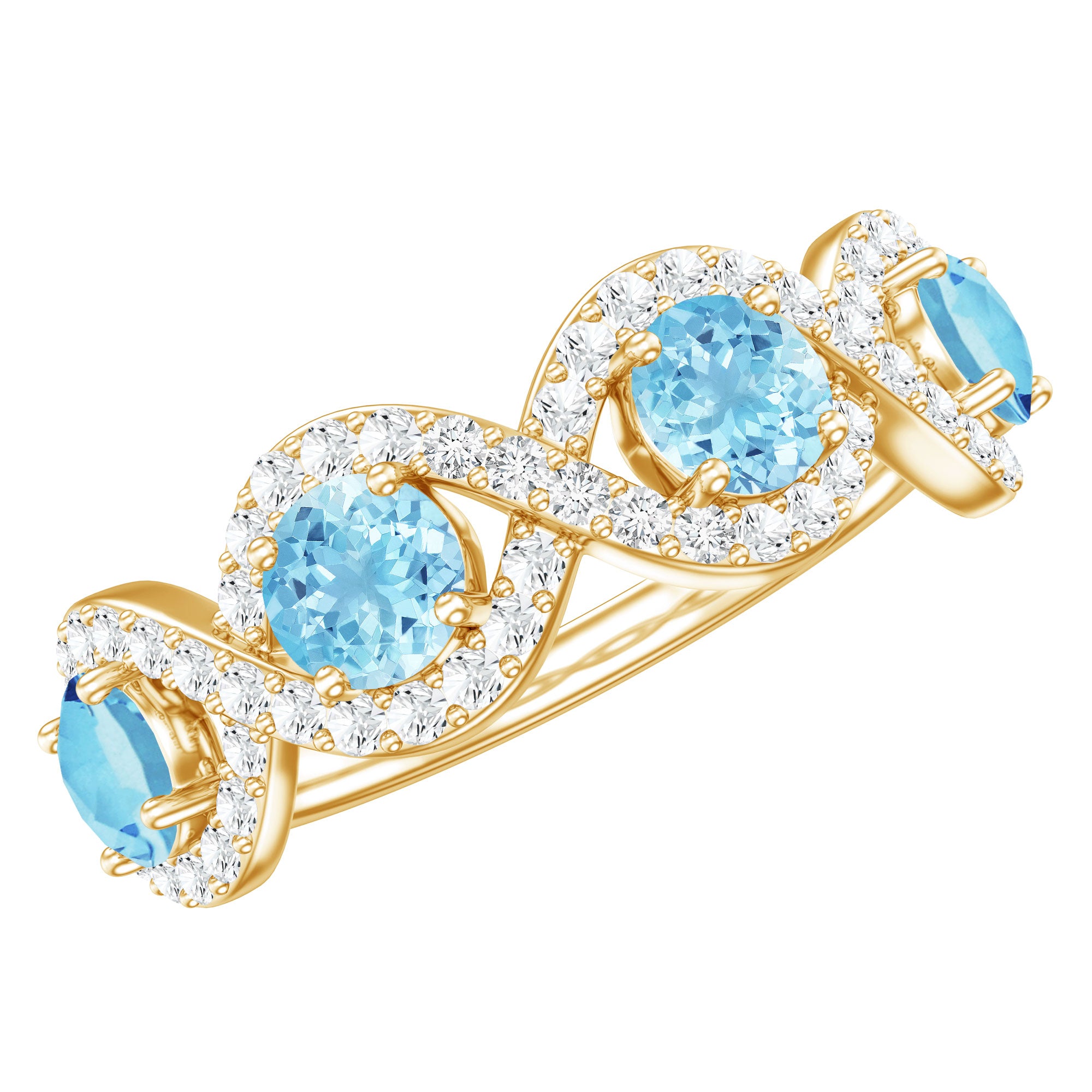 Braided Half Eternity Ring with Genuine Aquamarine and Diamond AAA - Rosec Jewels
