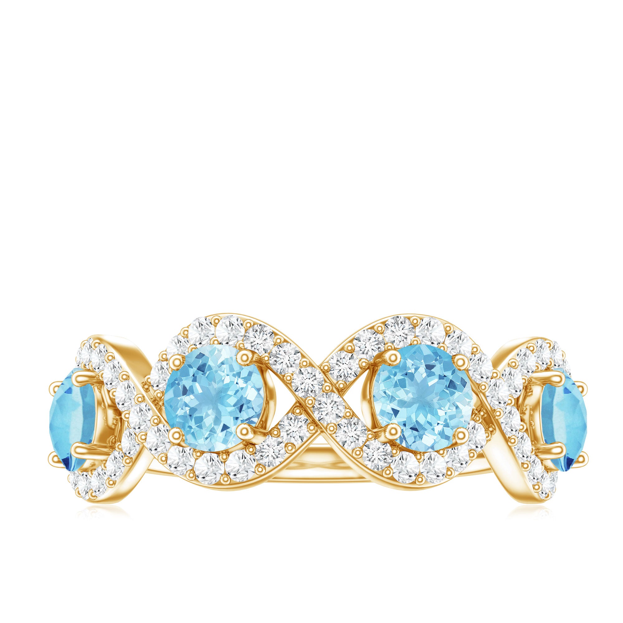 Braided Half Eternity Ring with Genuine Aquamarine and Diamond AAA - Rosec Jewels