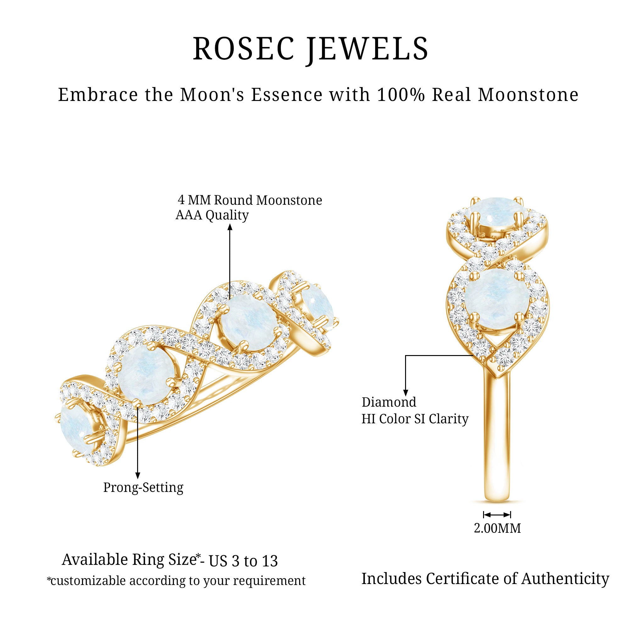 Rosec Jewels-Genuine Moonstone Half Eternity Ring with Diamond