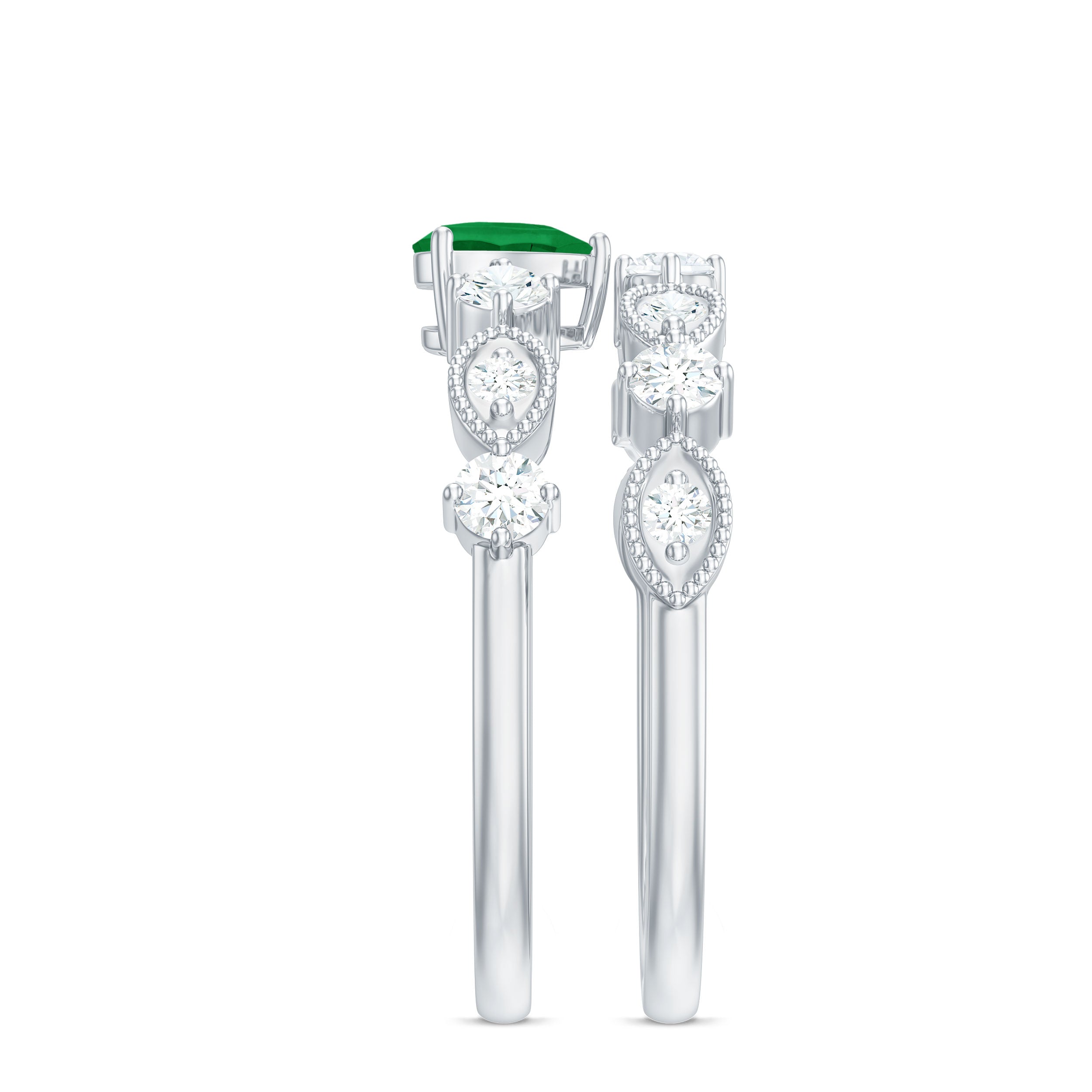 Rosec Jewels-Natural Emerald Heart Shaped Engagement Ring and Diamond Wedding Band