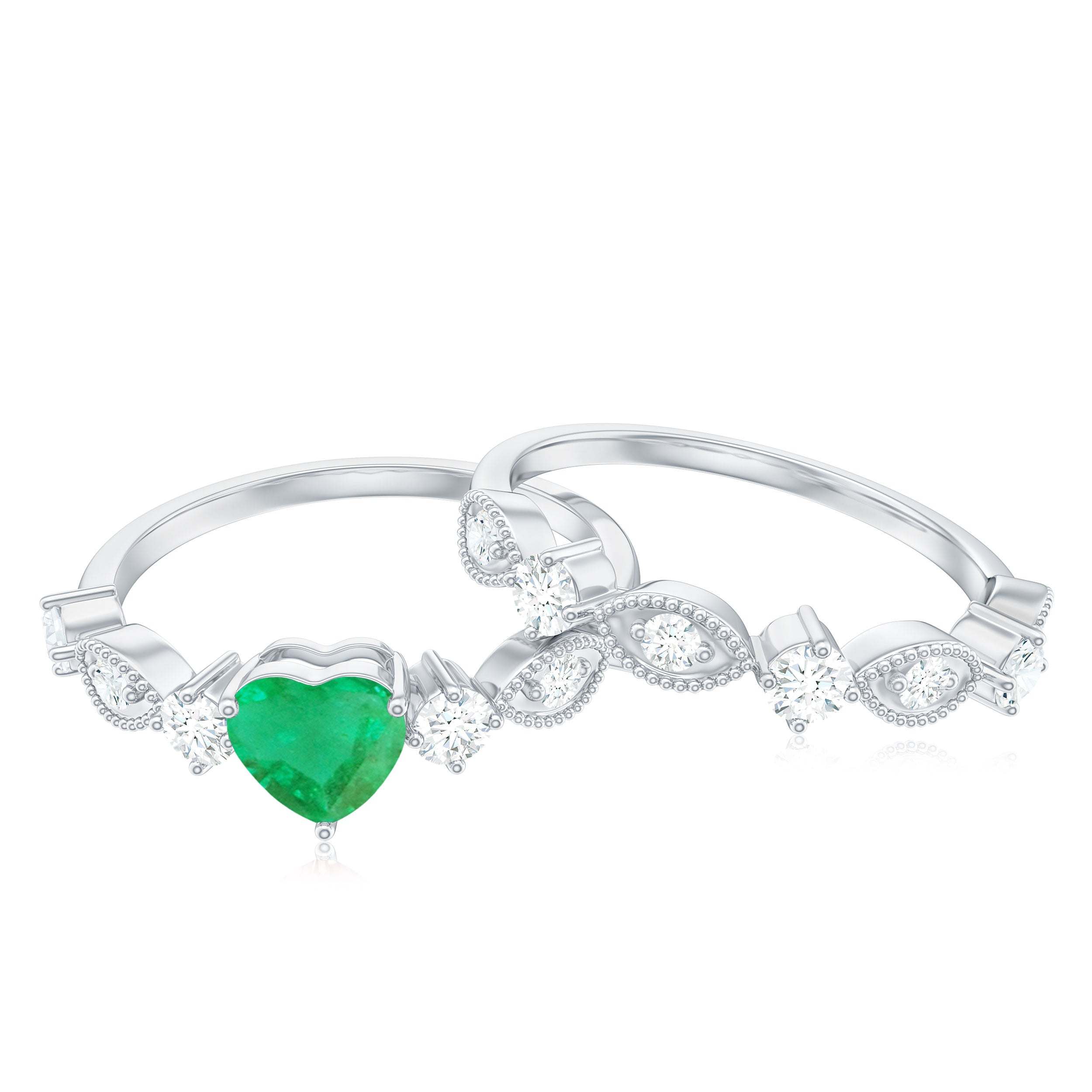 Rosec Jewels-Natural Emerald Heart Shaped Engagement Ring and Diamond Wedding Band