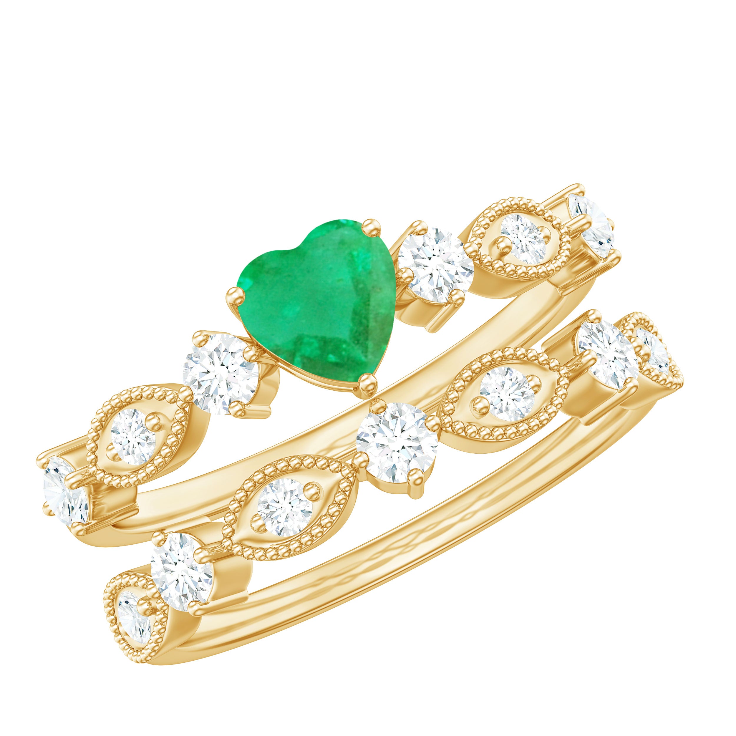 Rosec Jewels-Natural Emerald Heart Shaped Engagement Ring and Diamond Wedding Band