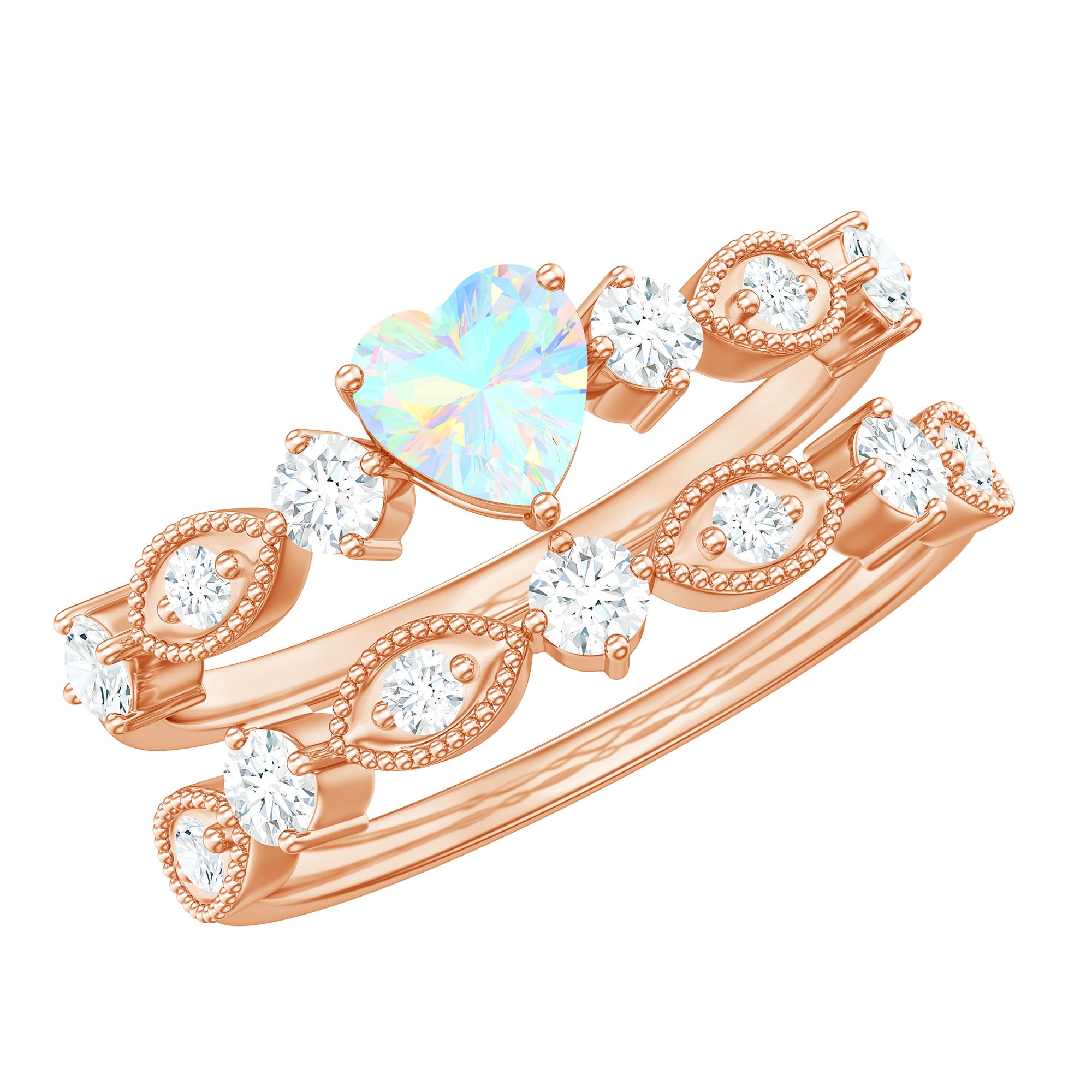 Ethiopian Opal and Moissanite Ring Set with Beaded Ethiopian Opal - ( AAA ) - Quality - Rosec Jewels