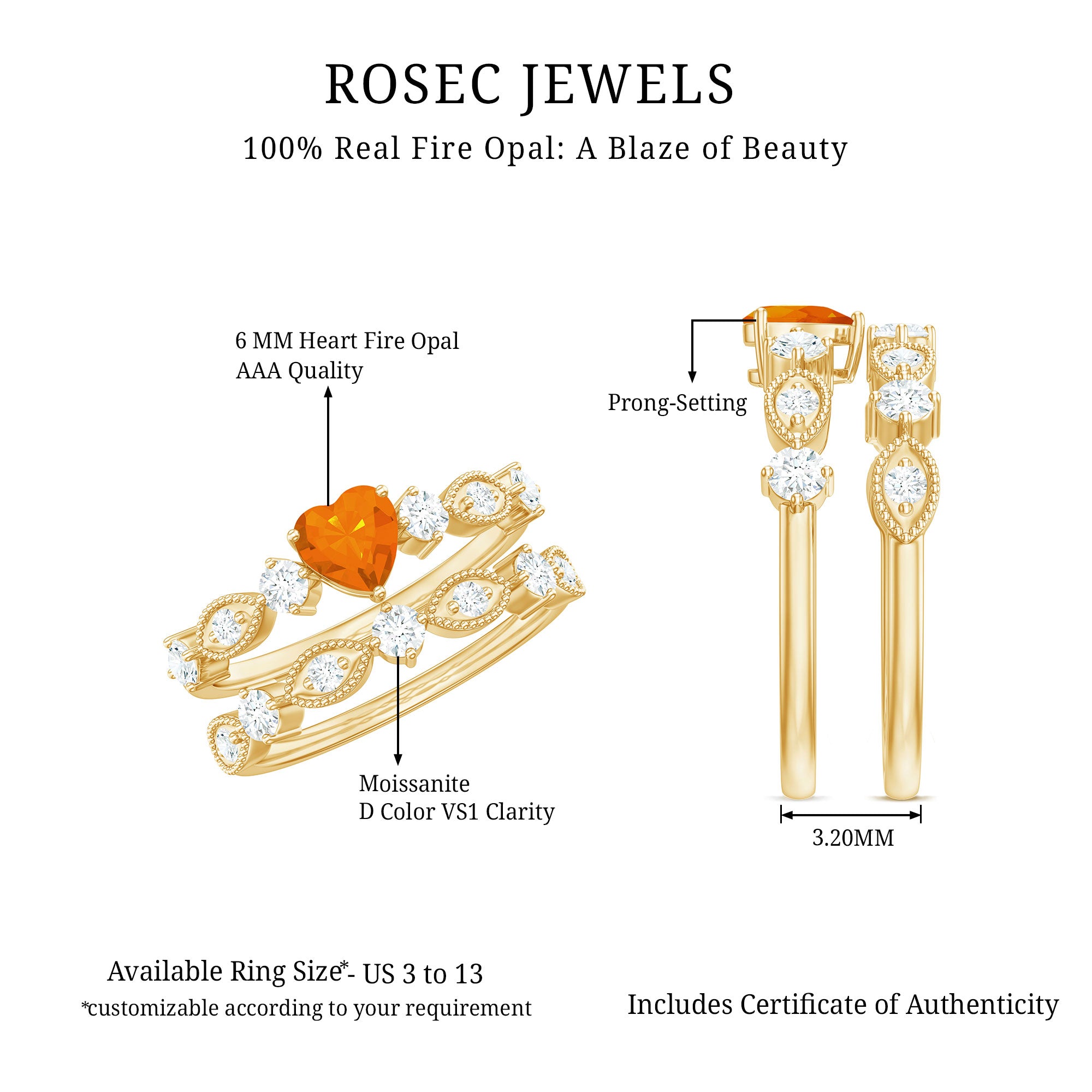 Vintage Inspired Fire Opal and Diamond Wedding Ring Set AAA - Rosec Jewels