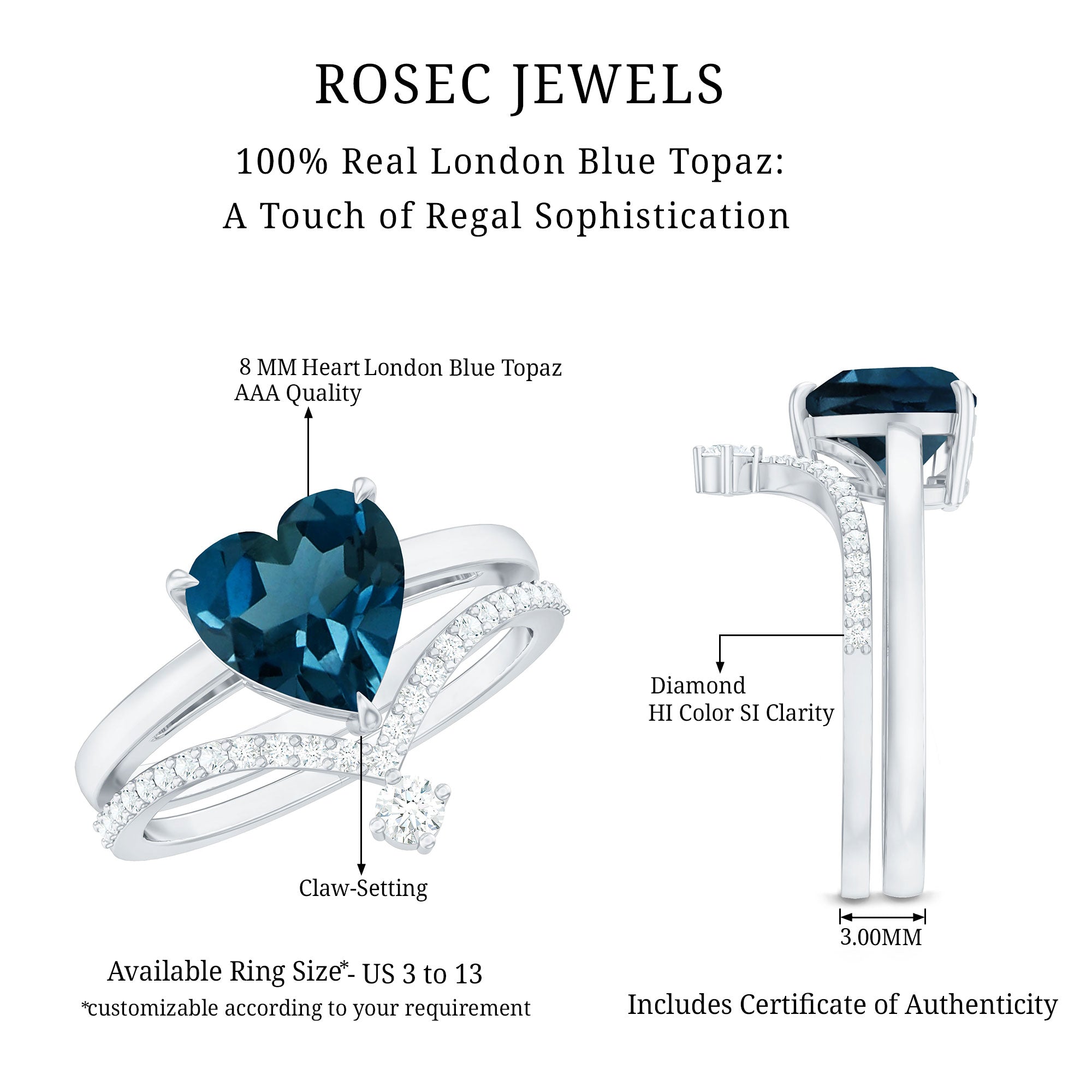 Rosec Jewels-8mm Heart Shaped London Blue Topaz Solitaire Ring Set with Diamond Curved Band