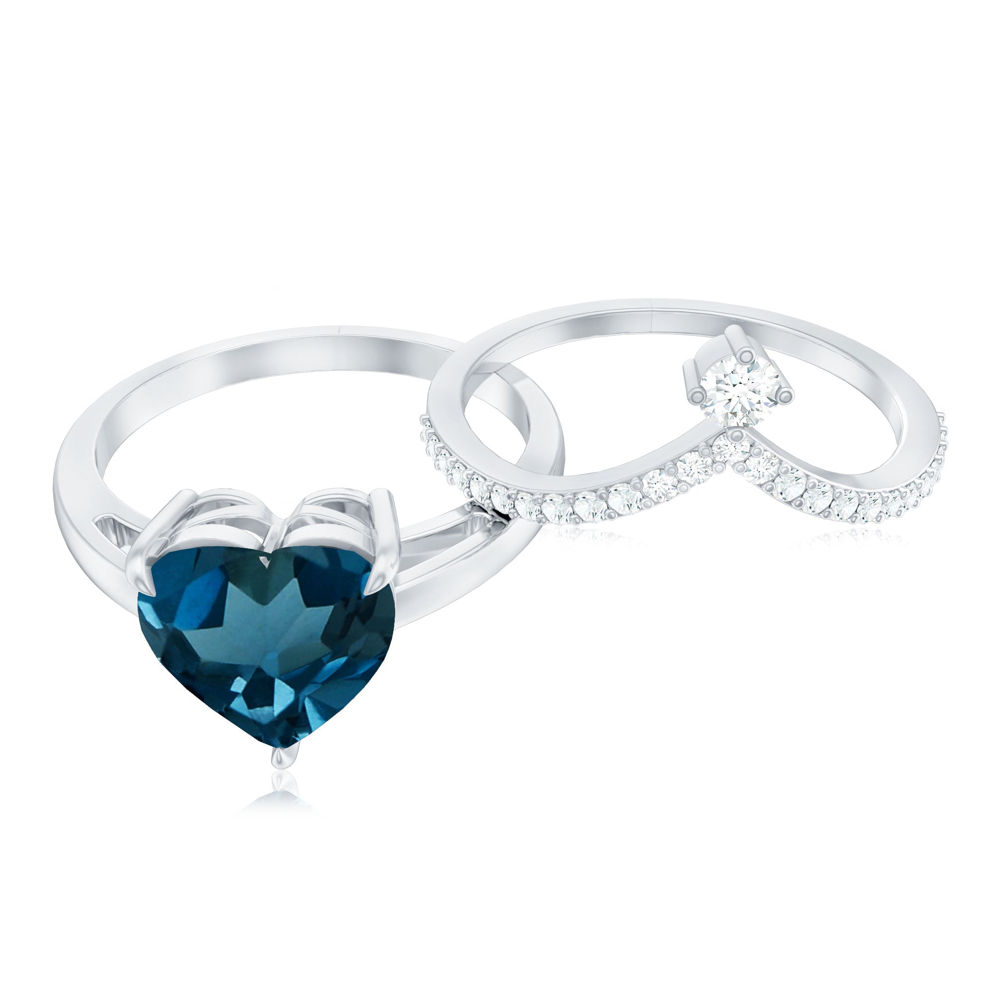 Rosec Jewels-8mm Heart Shaped London Blue Topaz Solitaire Ring Set with Diamond Curved Band