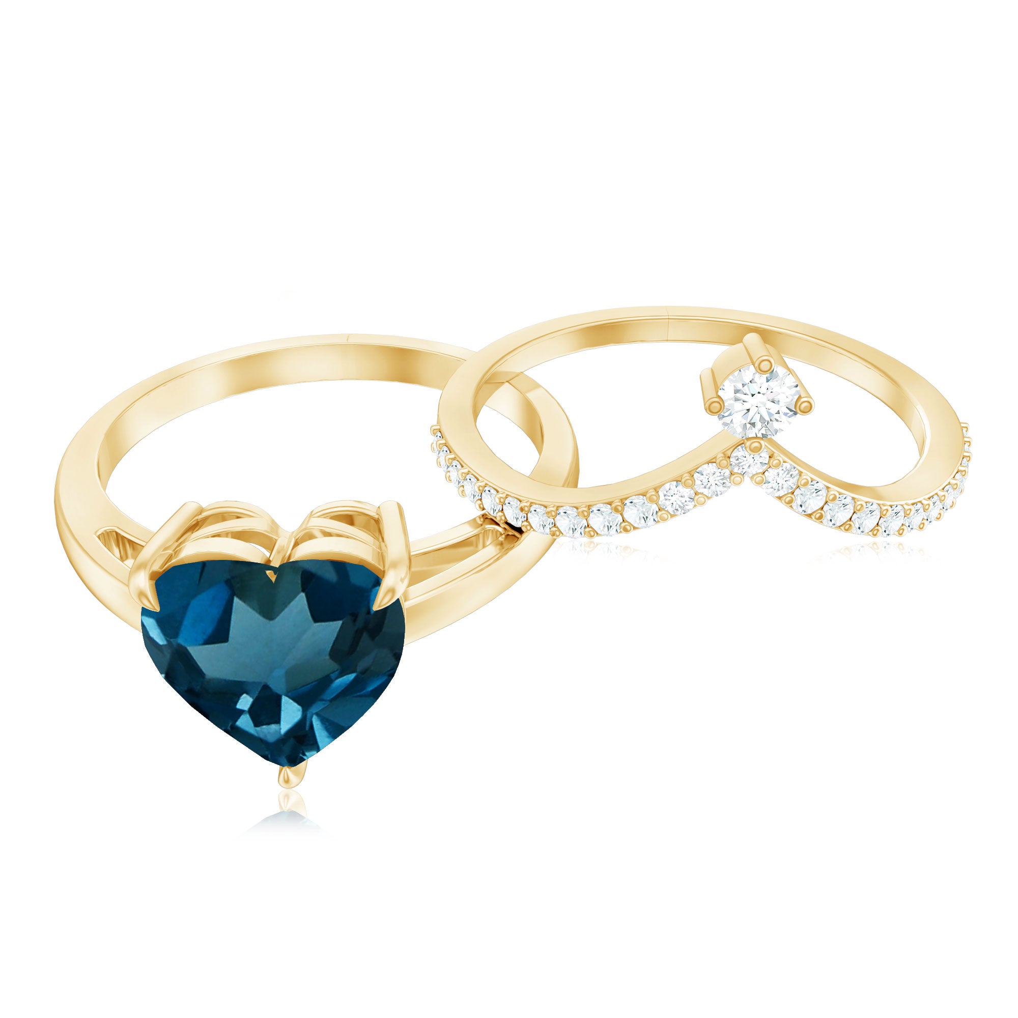 Rosec Jewels-8mm Heart Shaped London Blue Topaz Solitaire Ring Set with Diamond Curved Band