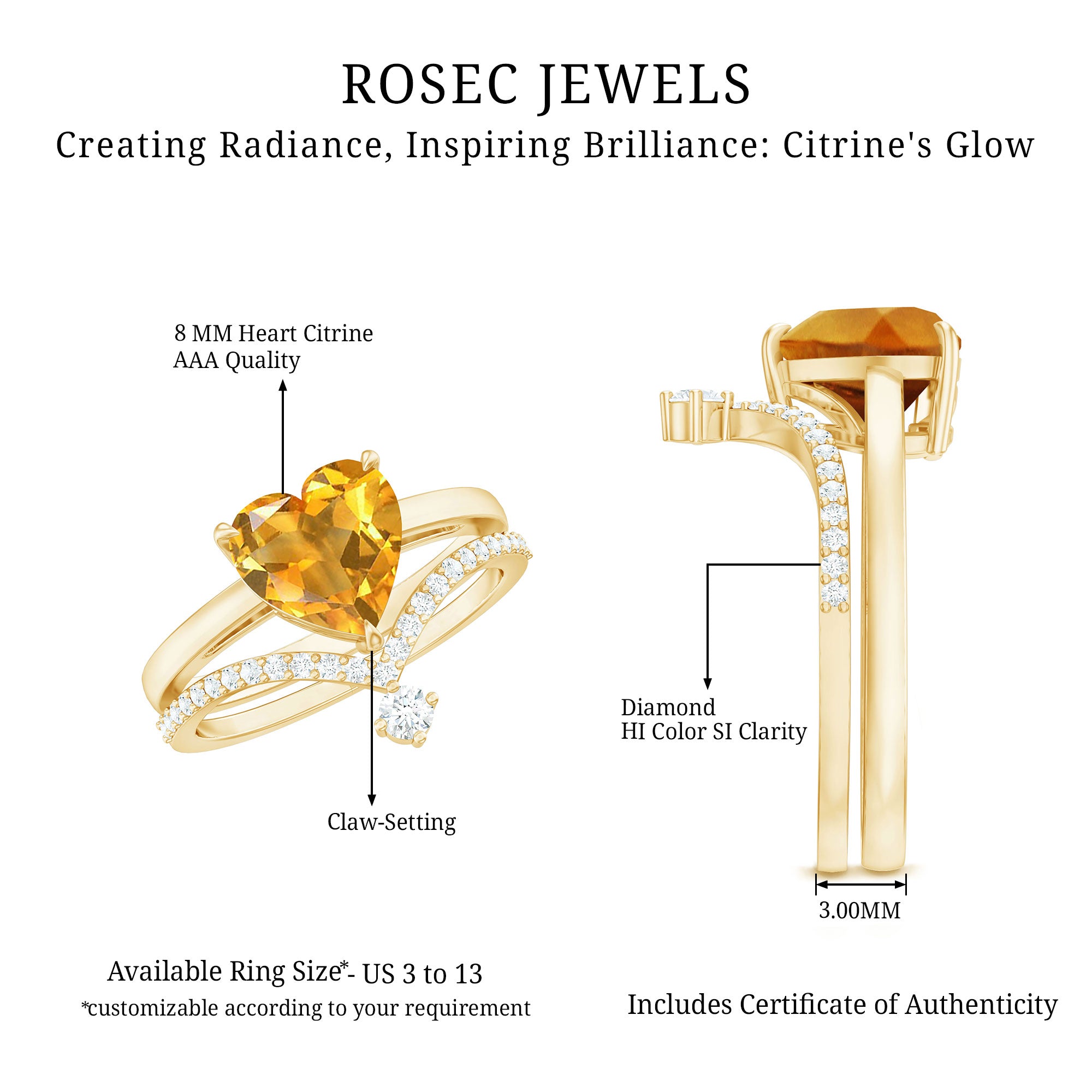 Rosec Jewels-Natural Citrine Heart Engagement Ring with Diamond Enhancer