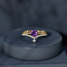 Certified Real Amethyst Heart Engagement Ring with Diamond Wedding Band AAA - Rosec Jewels