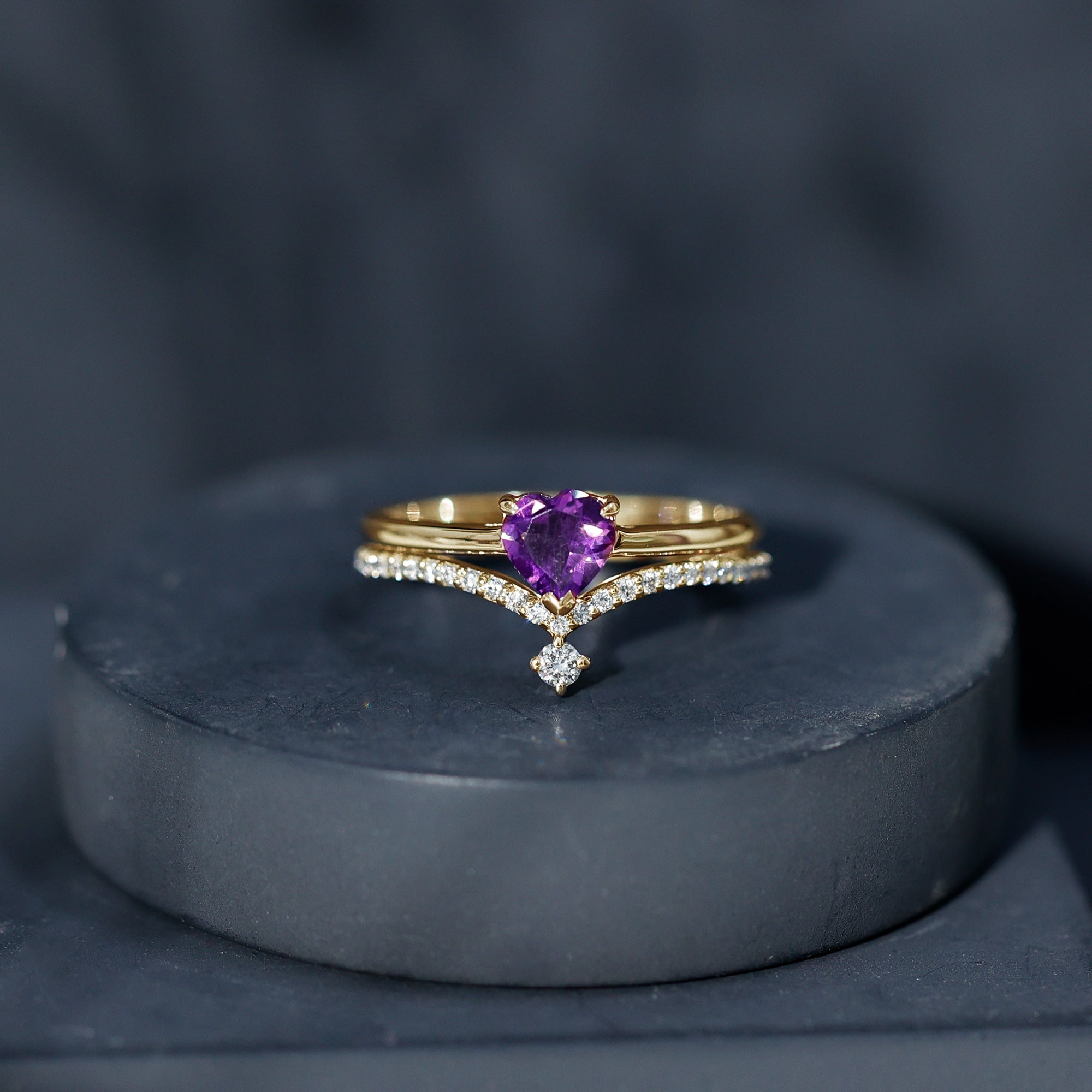 Certified Real Amethyst Heart Engagement Ring with Diamond Wedding Band AAA - Rosec Jewels