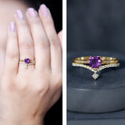 Certified Real Amethyst Heart Engagement Ring with Diamond Wedding Band AAA - Rosec Jewels