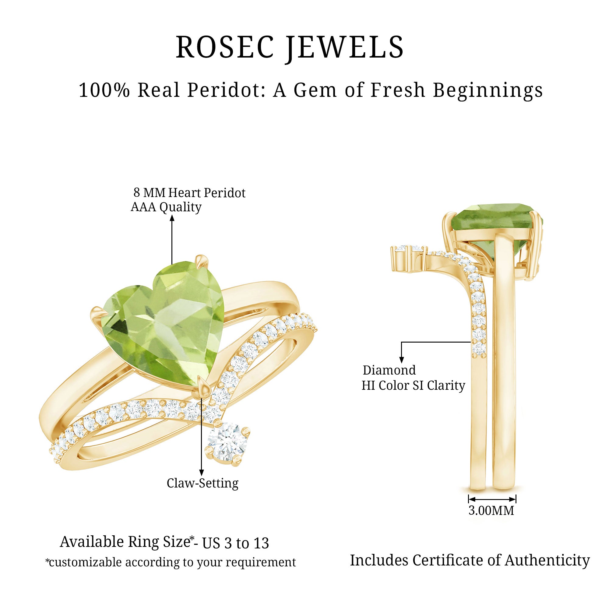 Natural 2 Carat Peridot Heart Engagement Ring with Diamond Enhancer AAA - Rosec Jewels