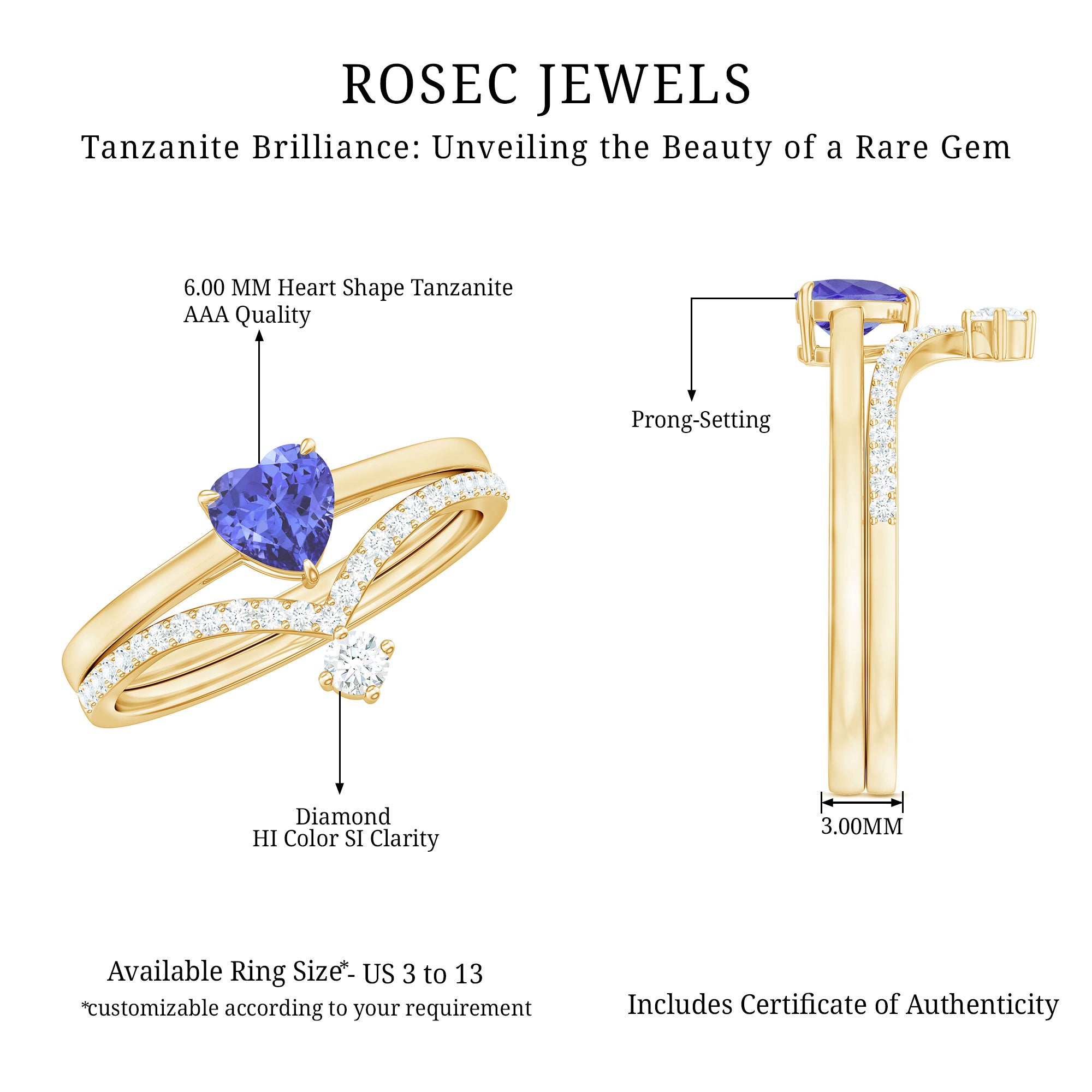 Rosec Jewels-Natural Tanzanite Heart Engagement Ring with Chevron Diamond Enhancer