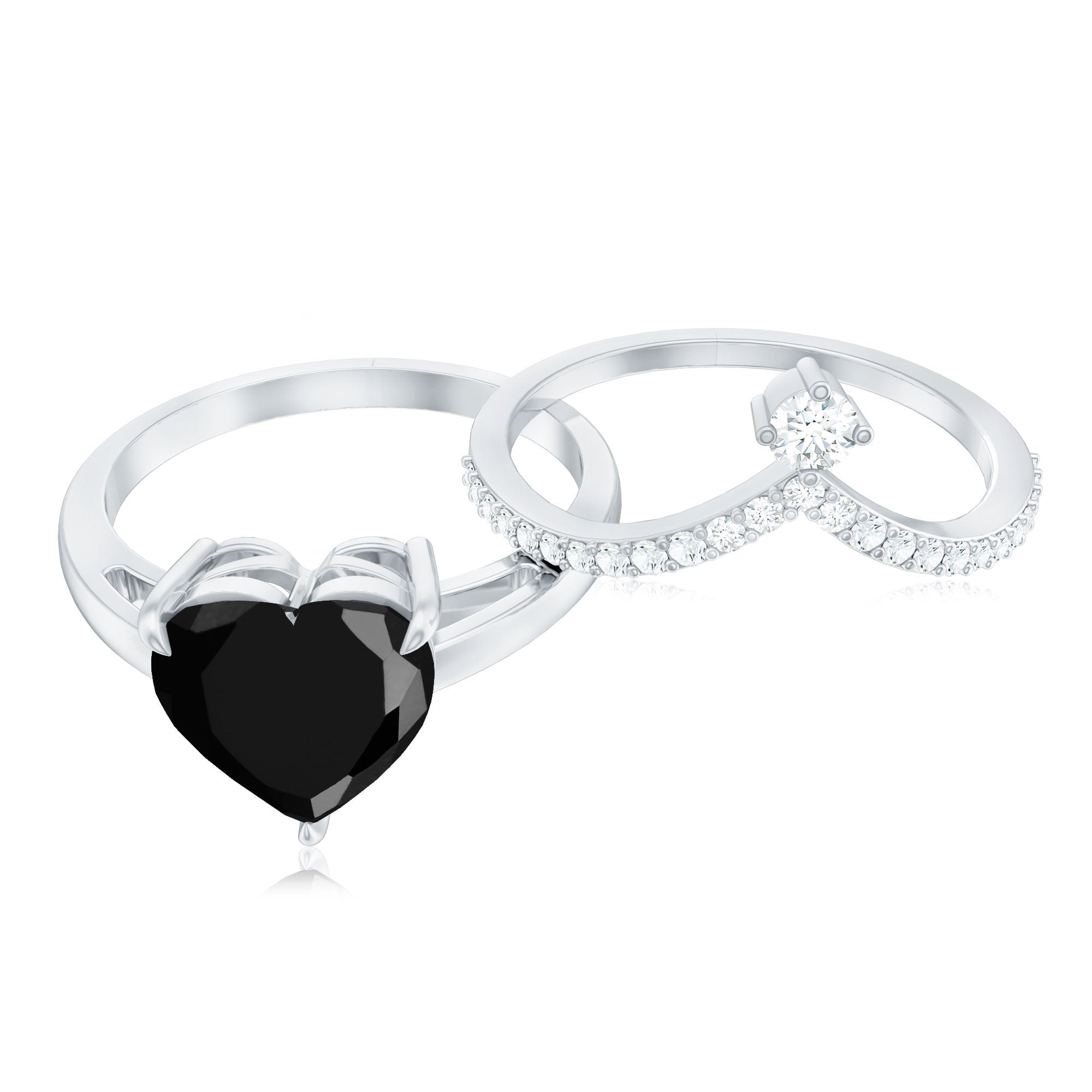 Real Black Onyx and Diamond Heart Wedding Ring Set AAA - Rosec Jewels