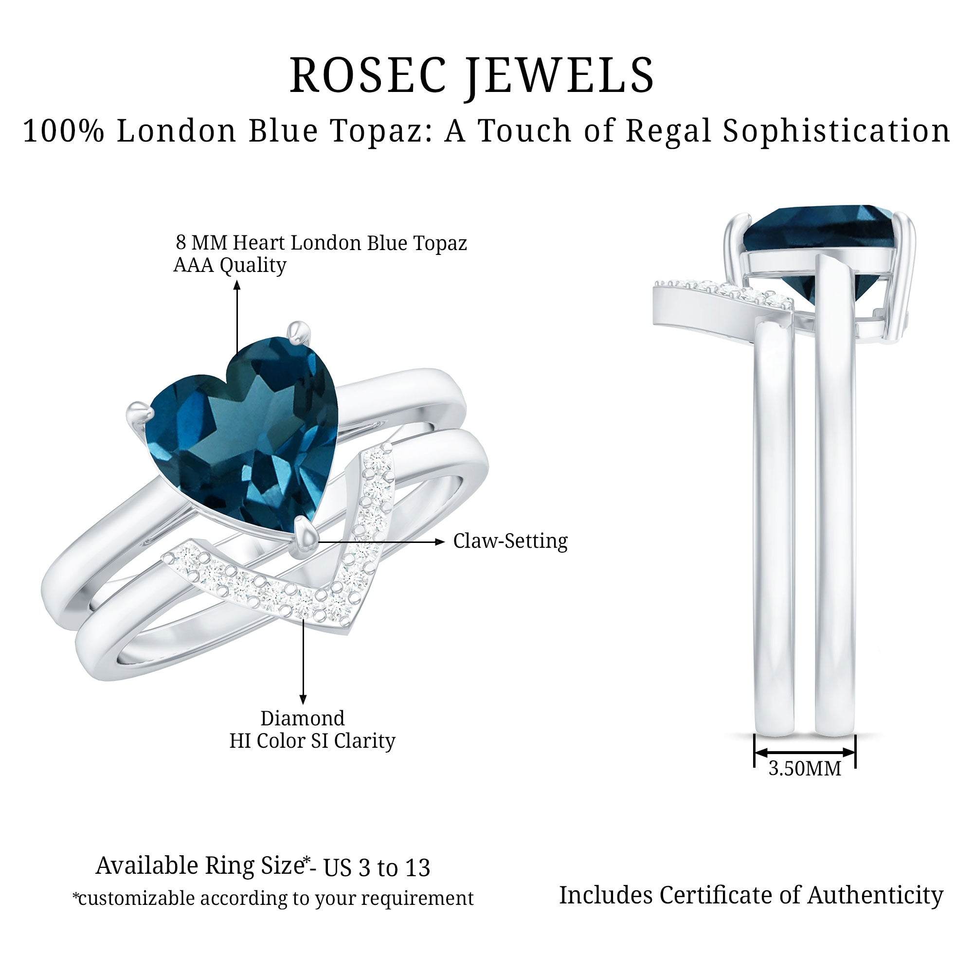 Rosec Jewels-8mm London Blue Topaz Heart Ring Set with Diamond