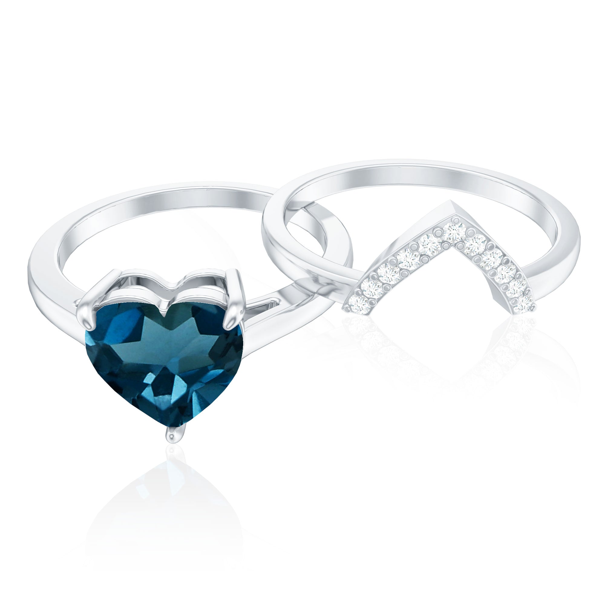 Rosec Jewels-8mm London Blue Topaz Heart Ring Set with Diamond