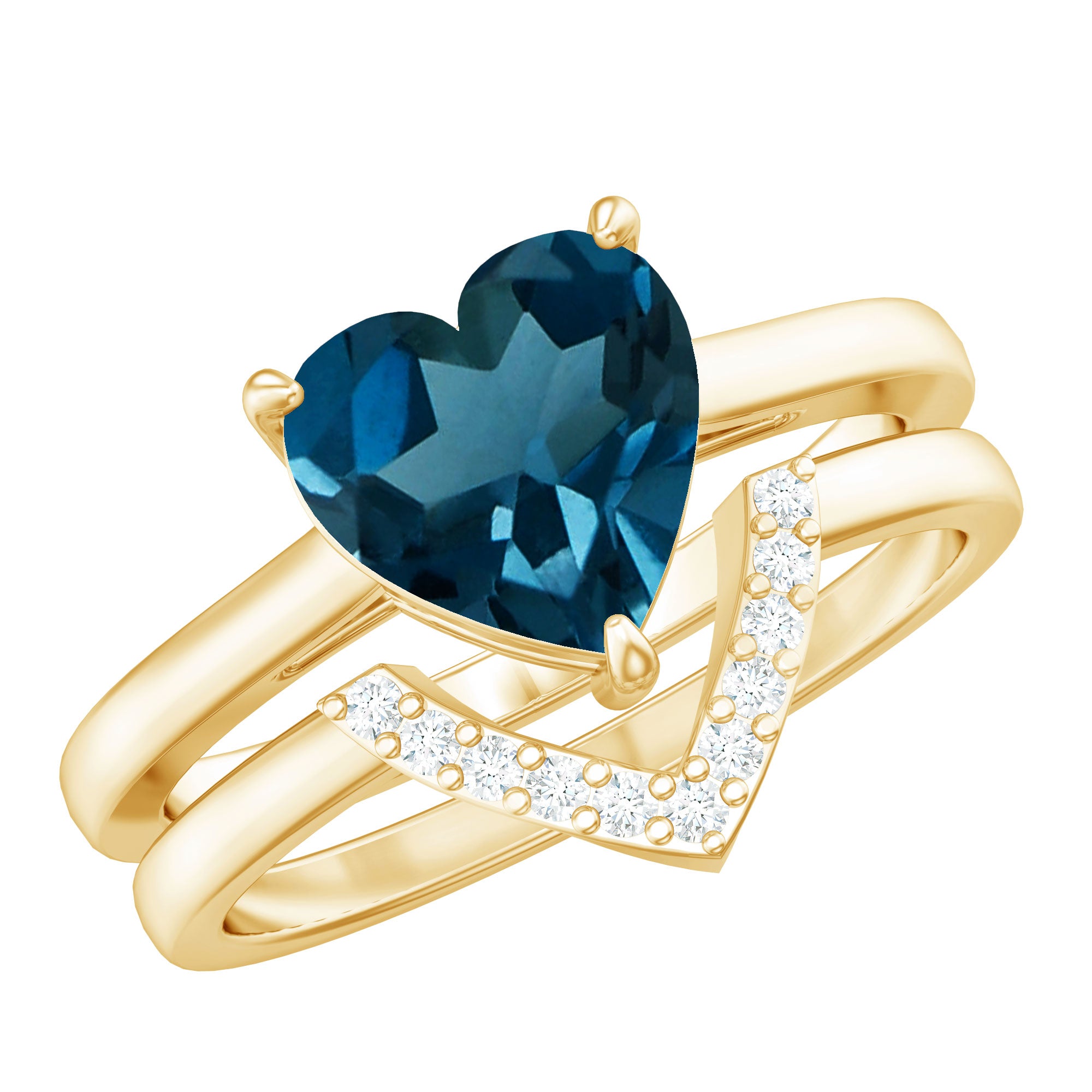 Rosec Jewels-8mm London Blue Topaz Heart Ring Set with Diamond