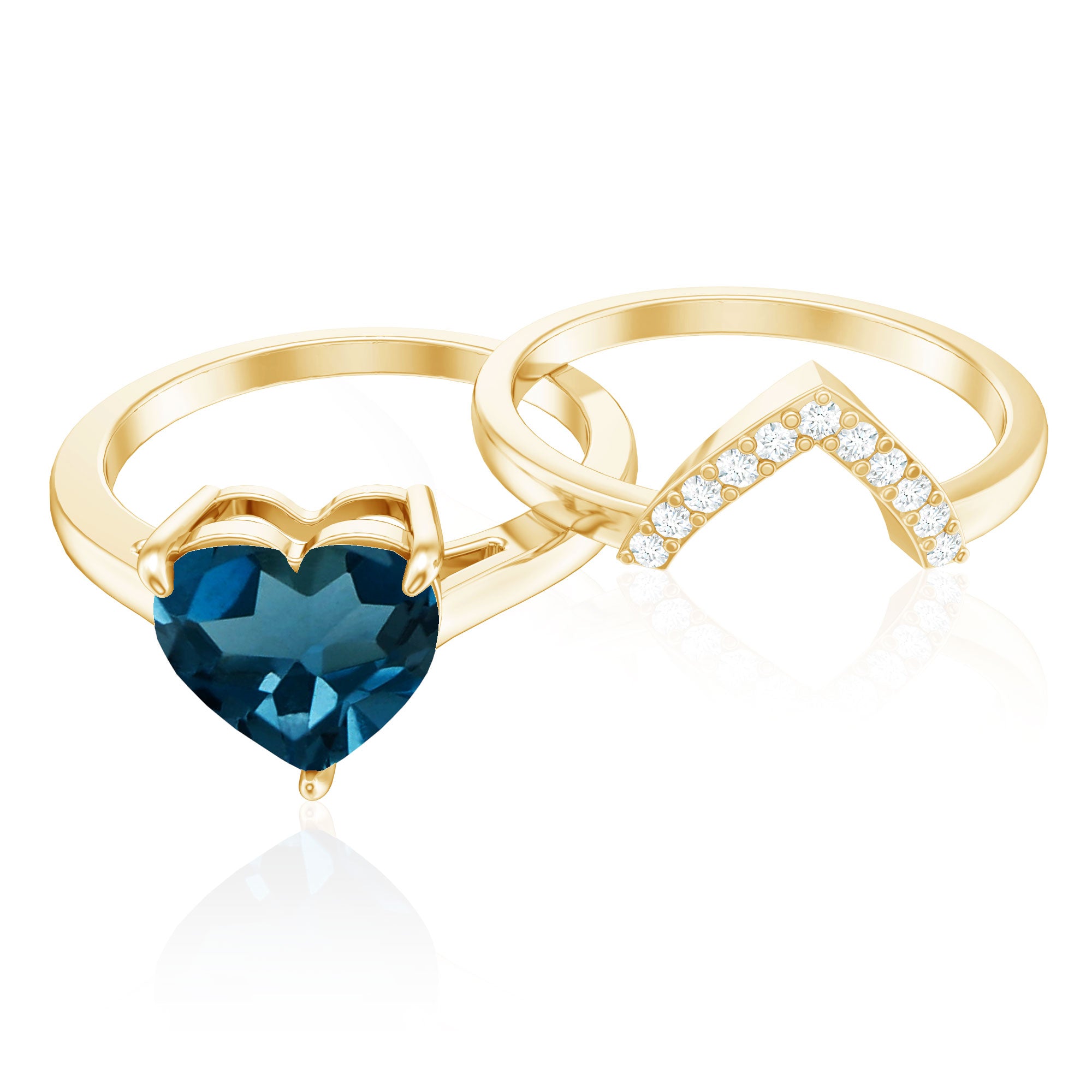 Rosec Jewels-8mm London Blue Topaz Heart Ring Set with Diamond