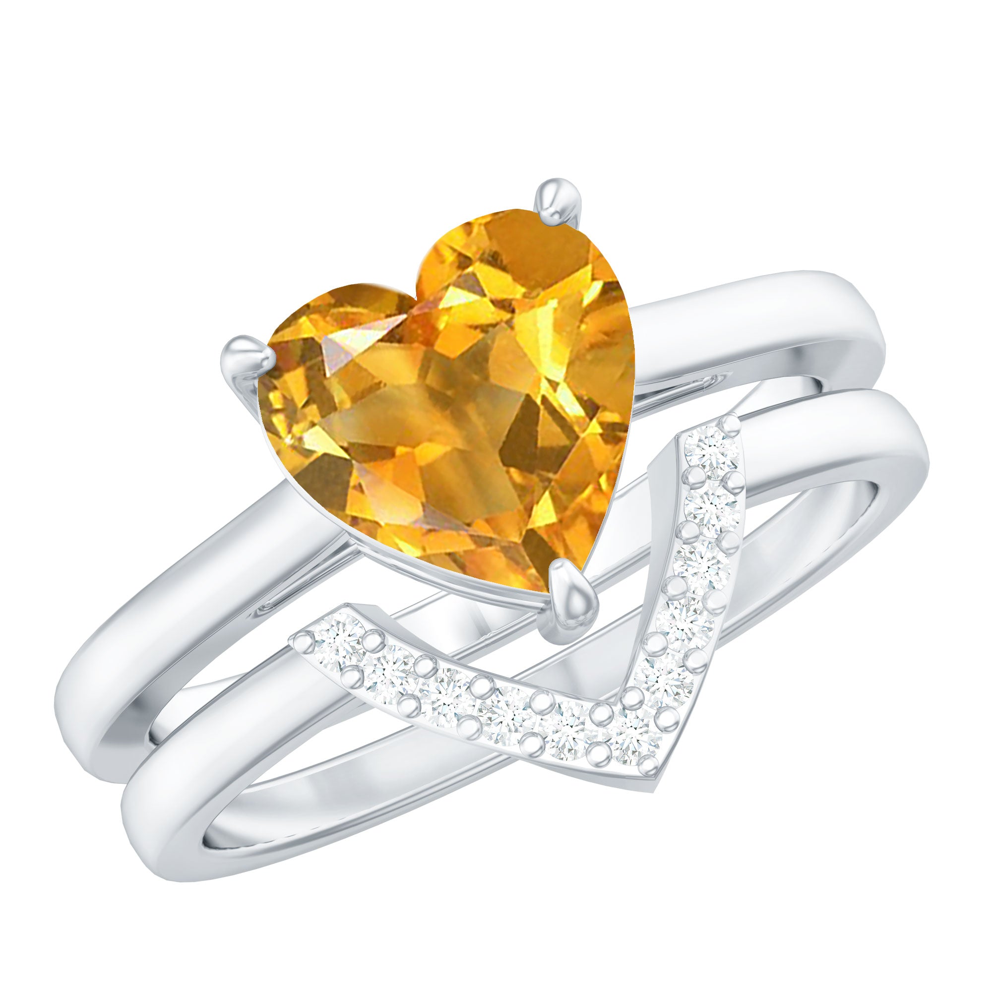2 Carat Heart Shape Citrine and Diamond Bridal Ring Set AAA - Rosec Jewels