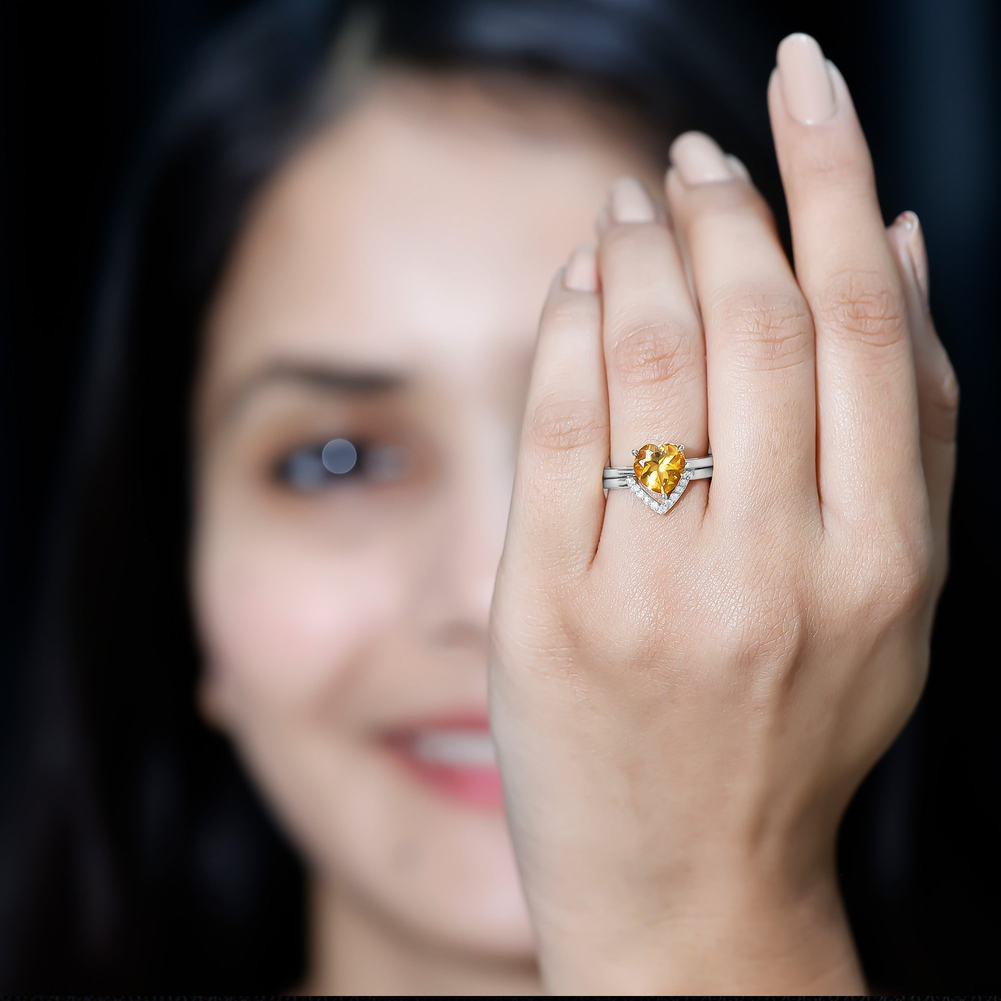 2 Carat Heart Shape Citrine and Diamond Bridal Ring Set AAA - Rosec Jewels