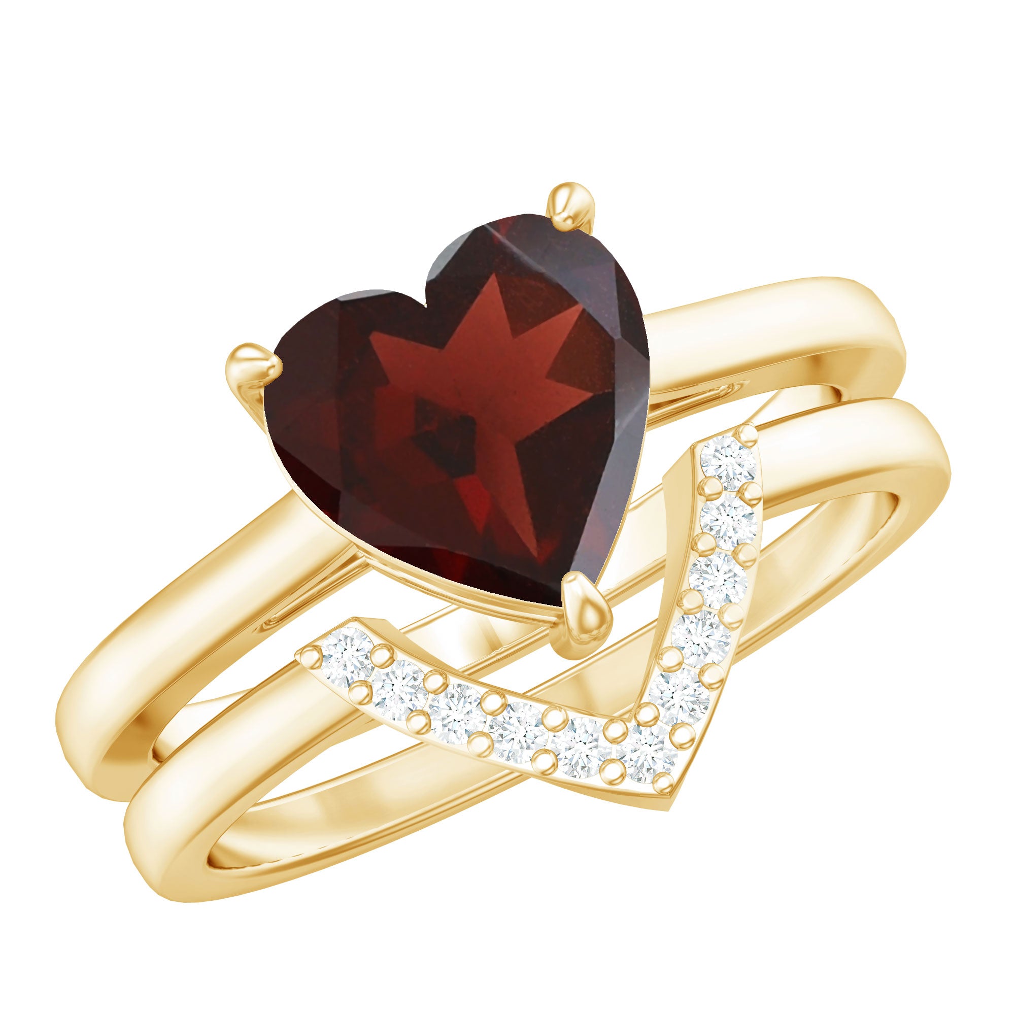 Real 8mm Garnet Diamond Heart Shaped Wedding Engagement Ring Set of 2 AAA - Rosec Jewels