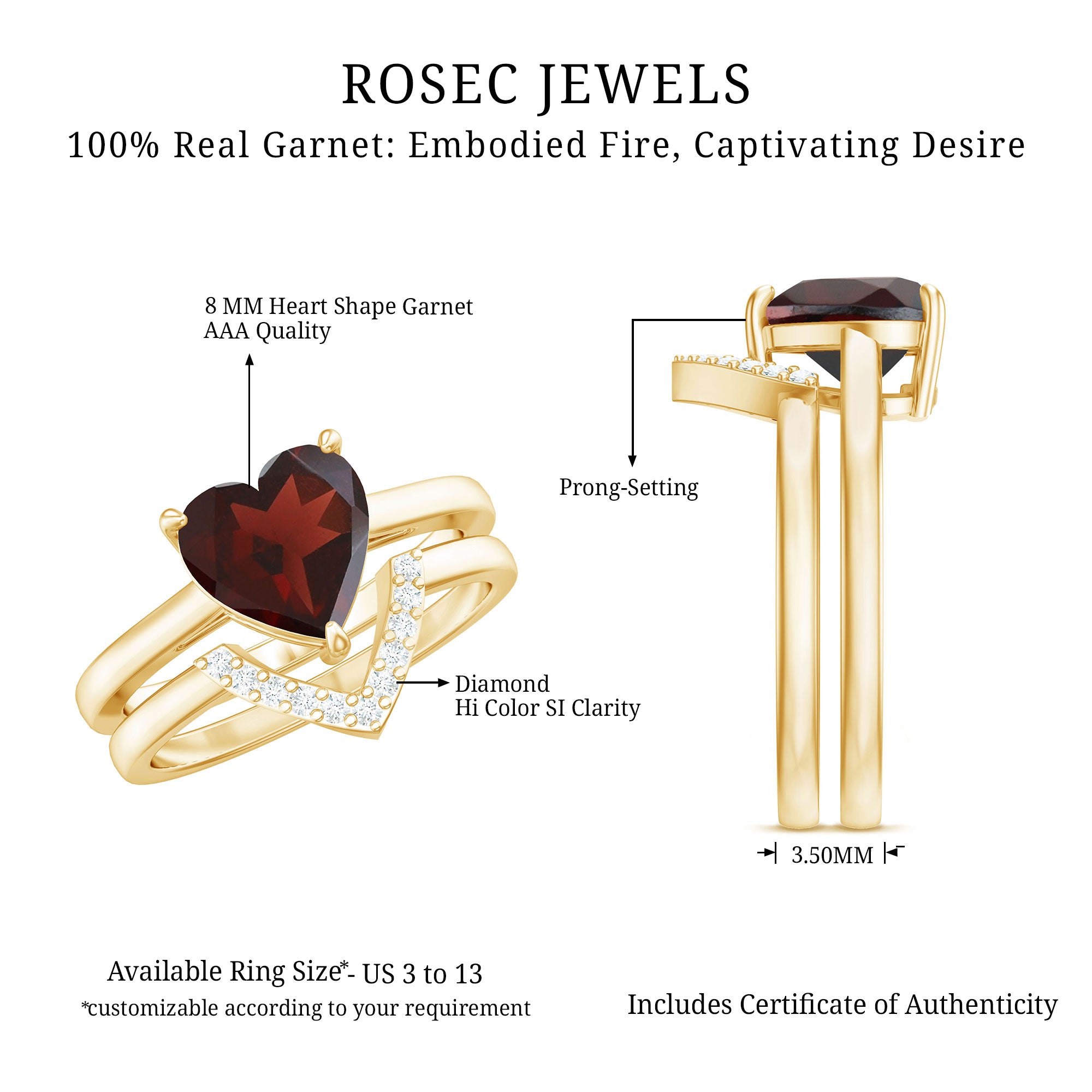 Real 8mm Garnet Diamond Heart Shaped Wedding Engagement Ring Set of 2 AAA - Rosec Jewels